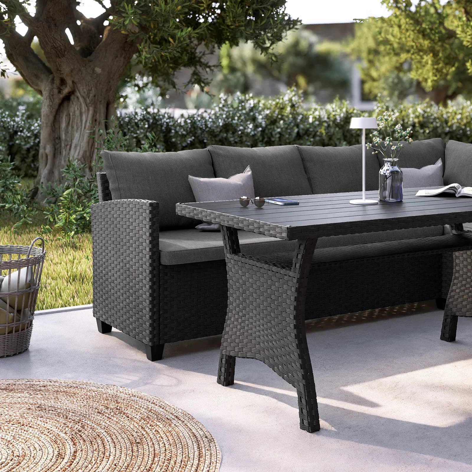 Set pranzo angolare con tavolo 145x75 cm in polyrattan nero con cuscini - Antony