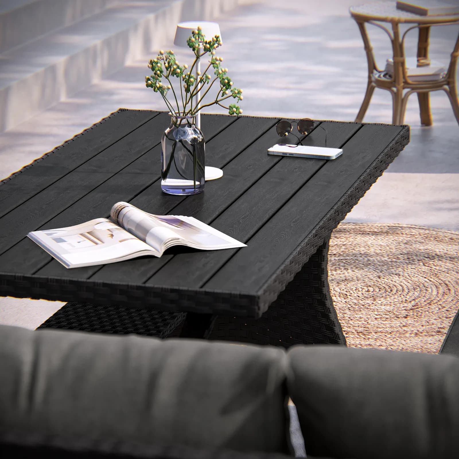 Set pranzo angolare con tavolo 145x75 cm in polyrattan nero con cuscini - Antony
