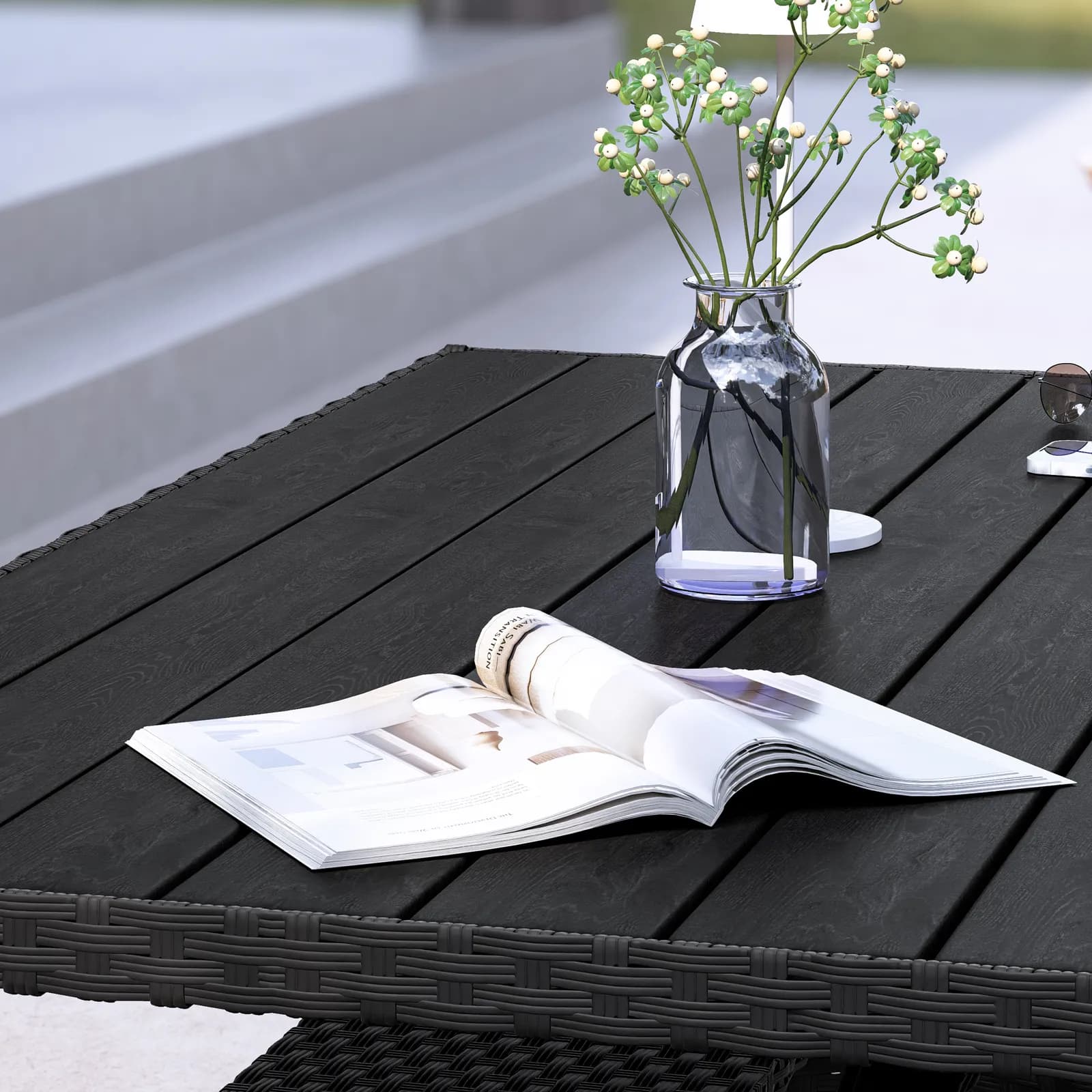 Set pranzo angolare con tavolo 145x75 cm in polyrattan nero con cuscini - Antony