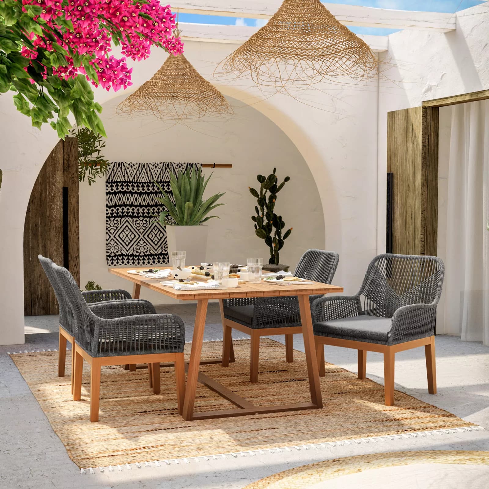 Set pranzo tavolo 180x100 cm con 4 poltrone in legno di acacia e corda - Malika