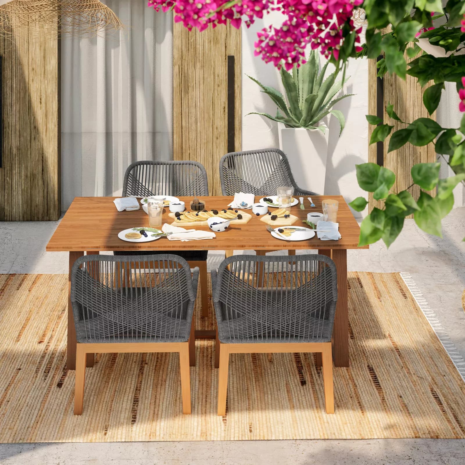 Set pranzo tavolo 180x100 cm con 4 poltrone in legno di acacia e corda - Malika