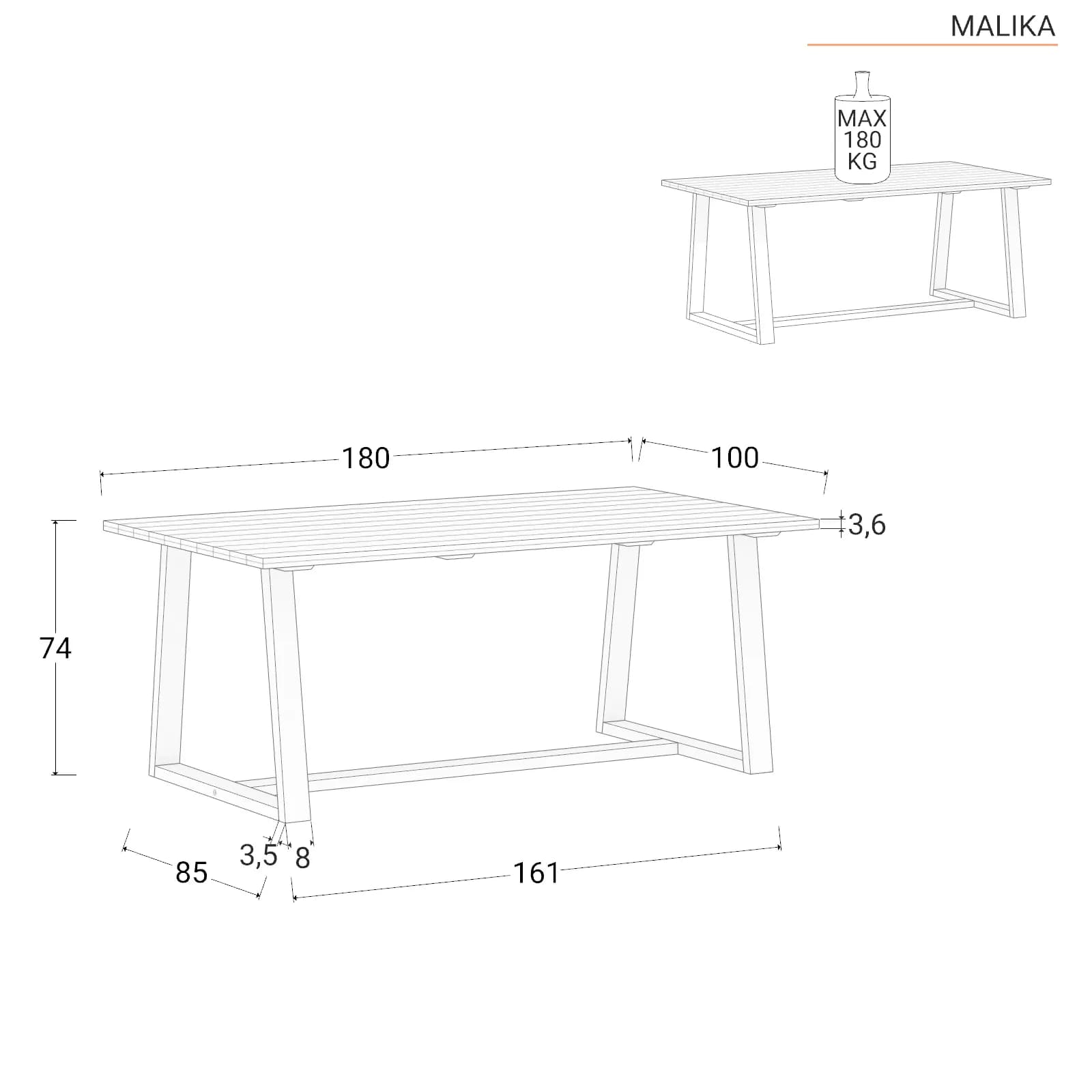Set pranzo tavolo 180x100 cm con 4 poltrone in legno di acacia e corda - Malika