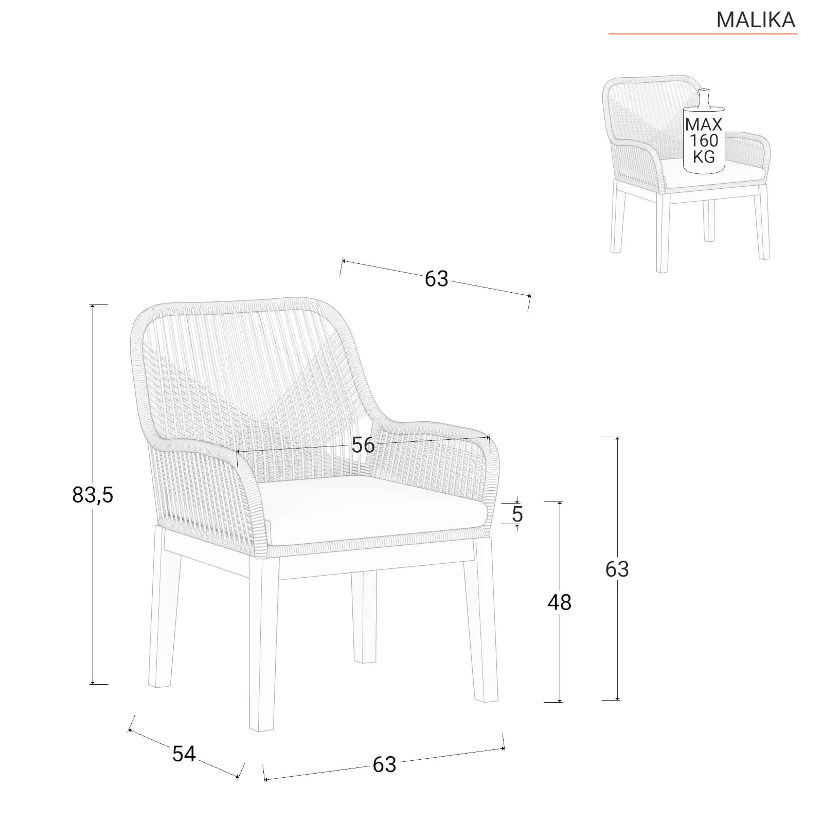 Set pranzo tavolo 180x100 cm con 4 poltrone in legno di acacia e corda - Malika