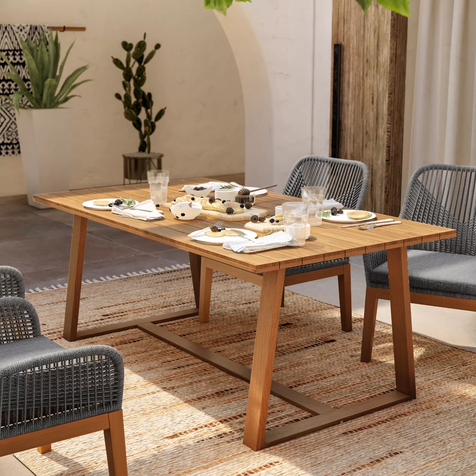 Set pranzo tavolo 180x100 cm con 4 poltrone in legno di acacia e corda - Malika