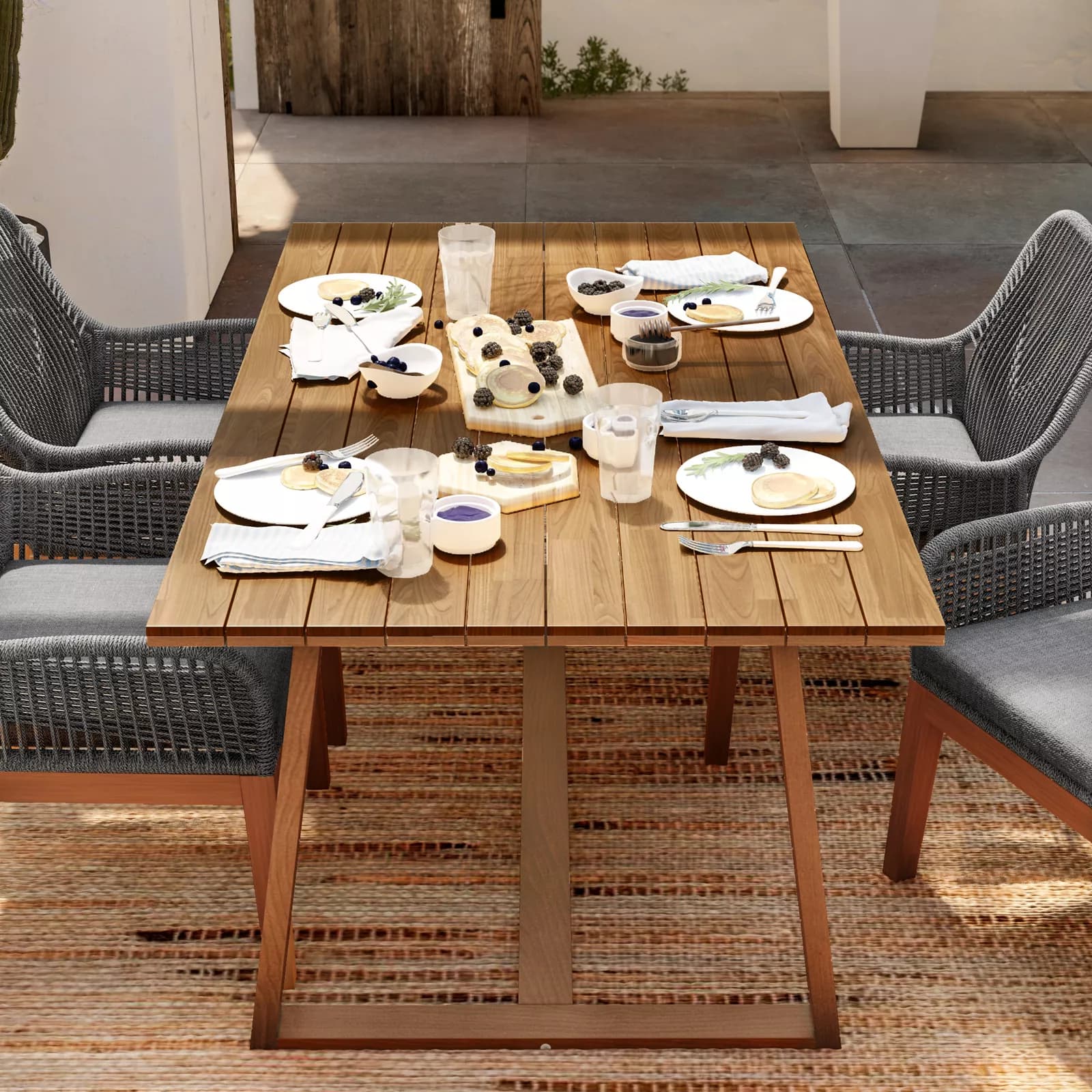 Set pranzo tavolo 180x100 cm con 4 poltrone in legno di acacia e corda - Malika