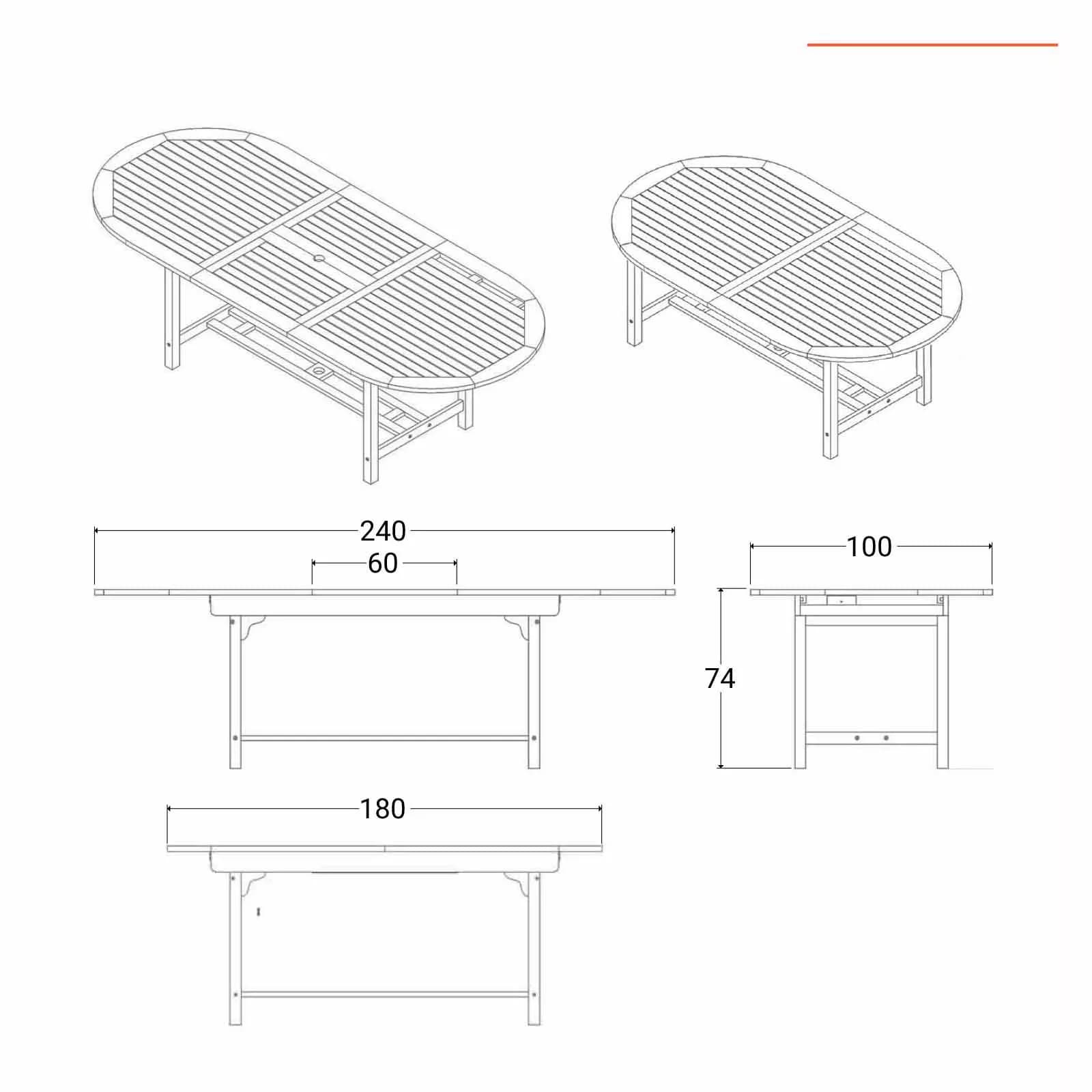 Set pranzo tavolo allungabile 180/240x100 cm e 4 sedie pieghevoli in legno di acacia - Paja