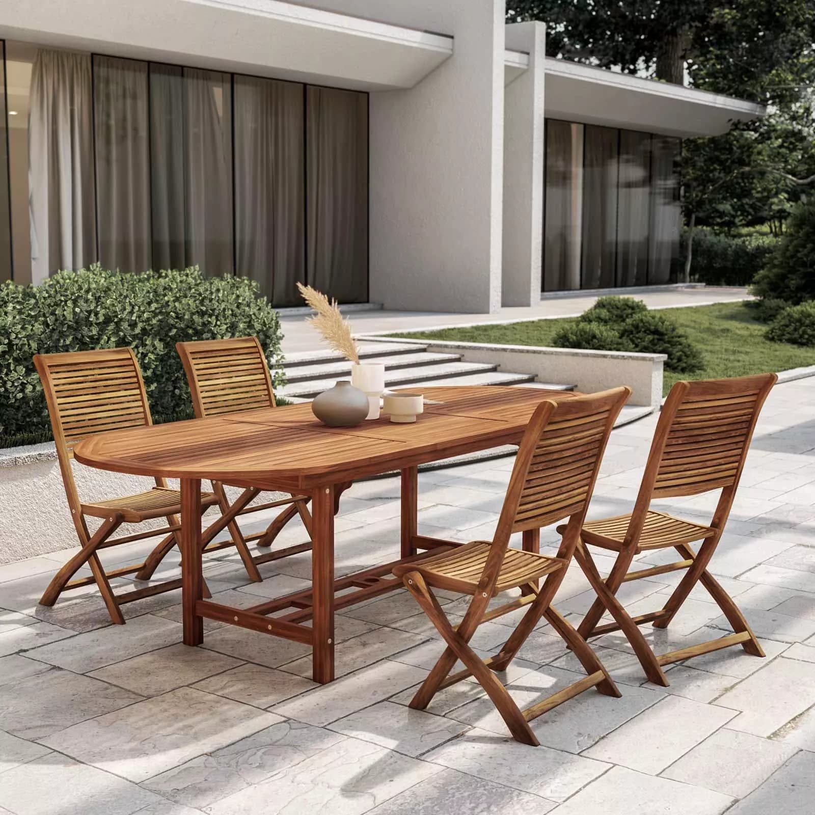Set pranzo tavolo allungabile 180/240x100 cm e 4 sedie pieghevoli in legno di acacia - Paja