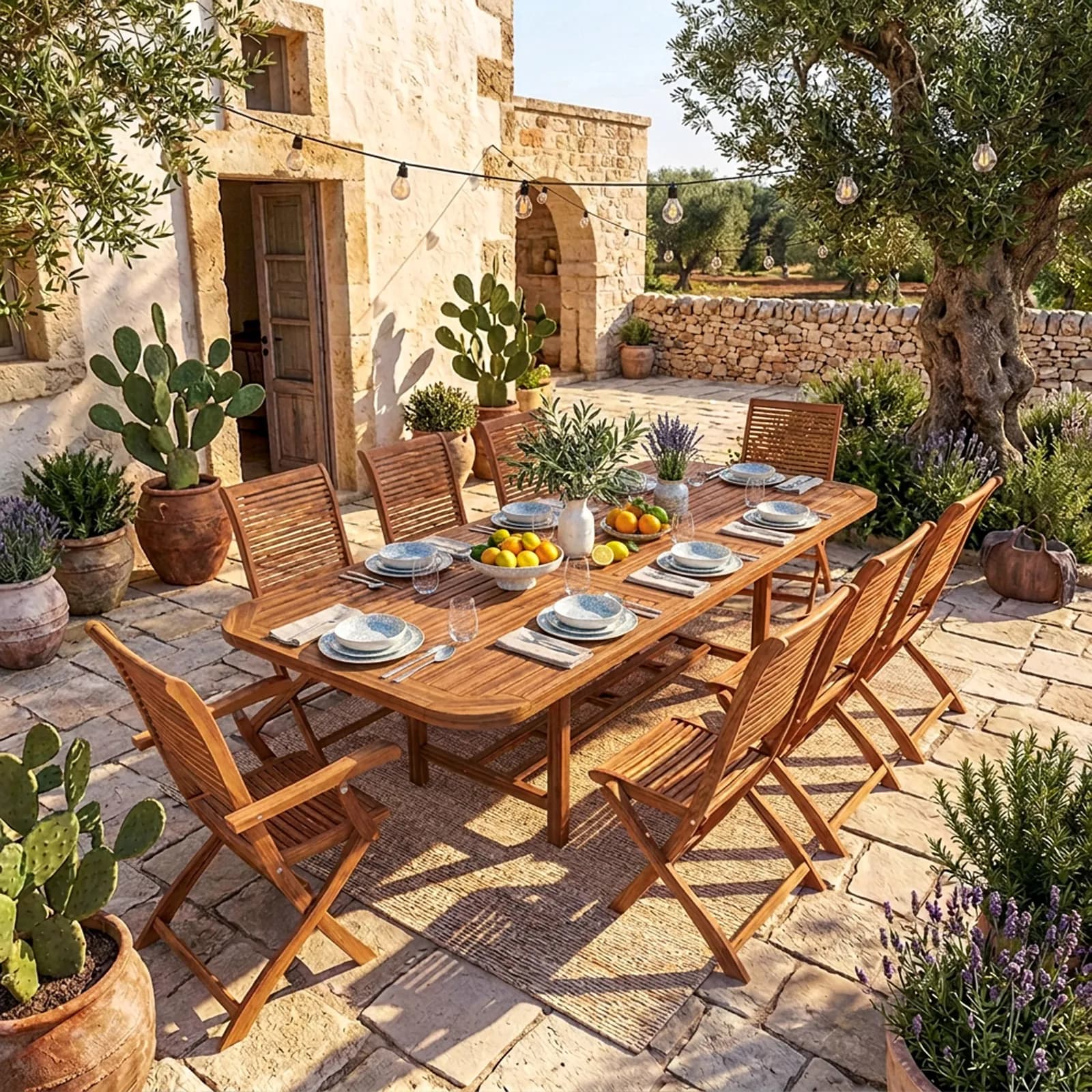 Set pranzo tavolo allungabile 180/260x110 cm e 8 sedie pieghevoli in legno di acacia - Paja