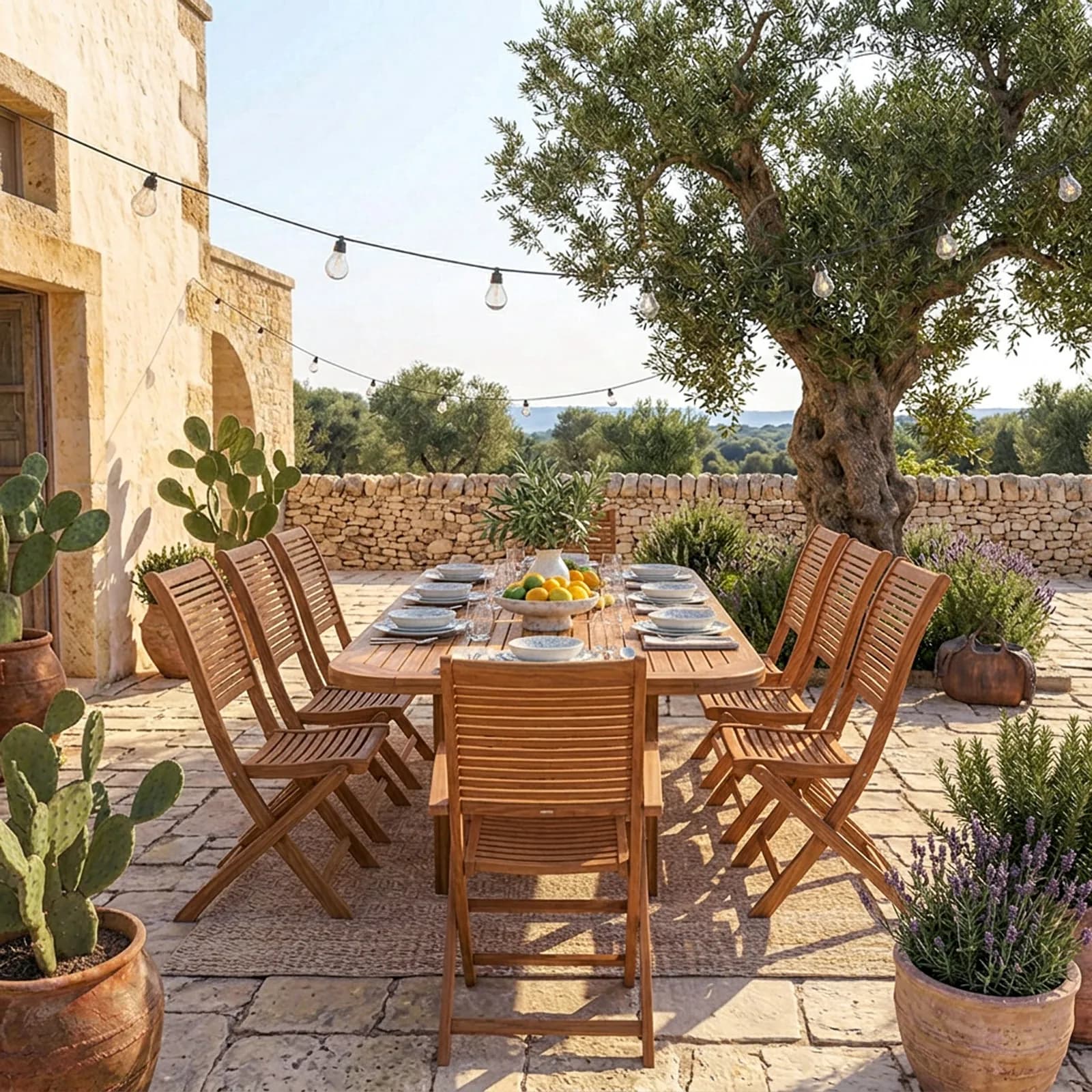 Set pranzo tavolo allungabile 180/260x110 cm e 8 sedie pieghevoli in legno di acacia - Paja