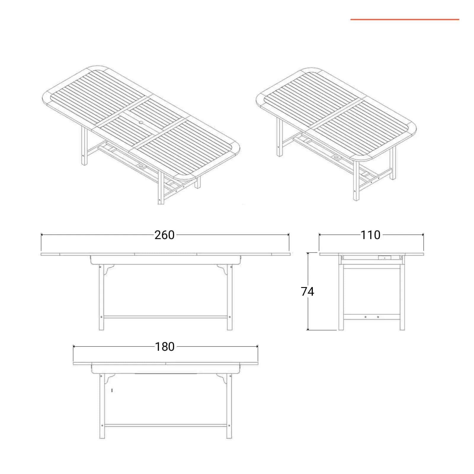Set pranzo tavolo allungabile 180/260x110 cm e 8 sedie pieghevoli in legno di acacia - Paja