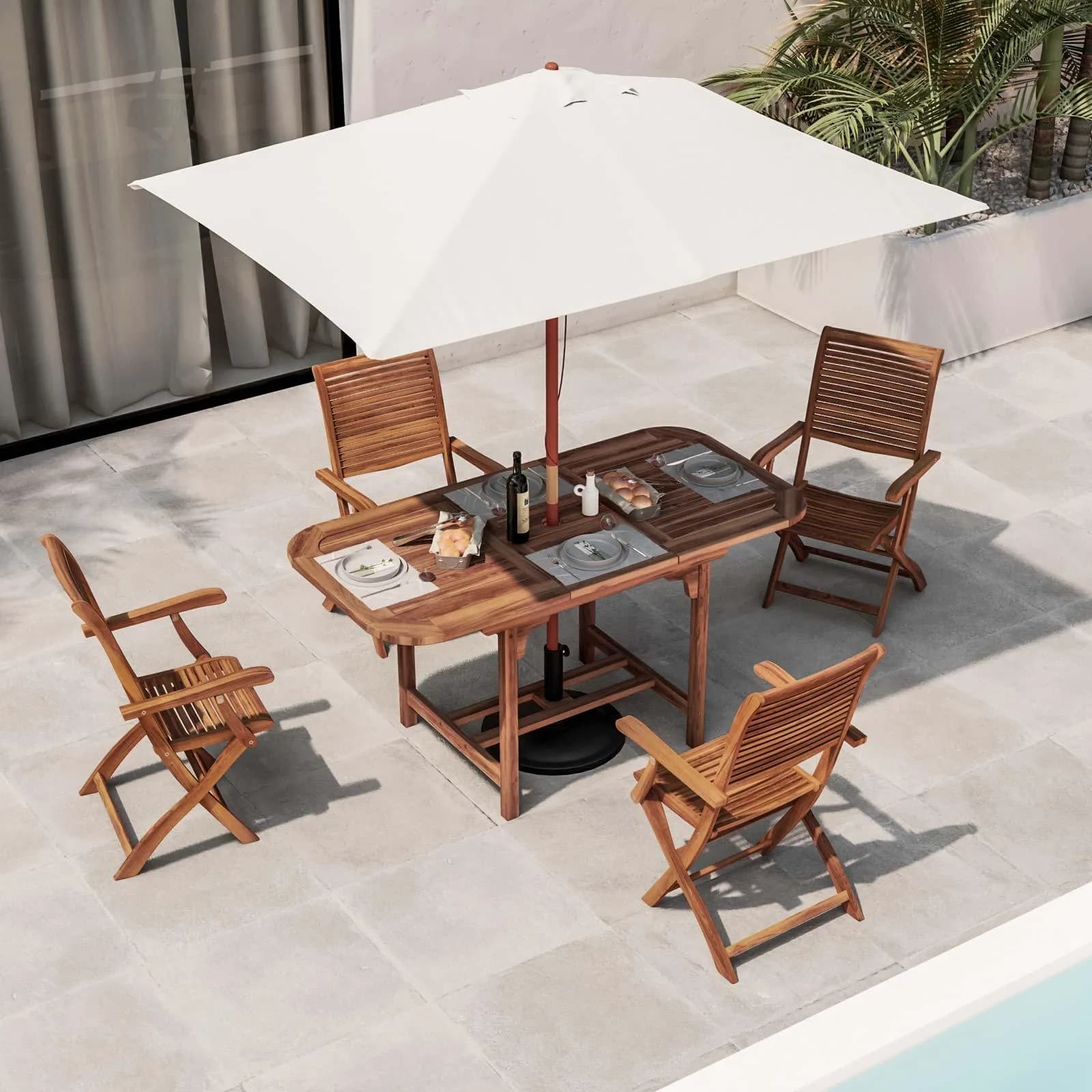 Set pranzo tavolo allungabile 120/160x80 e 4 sedie con braccioli in legno di acacia - Paja