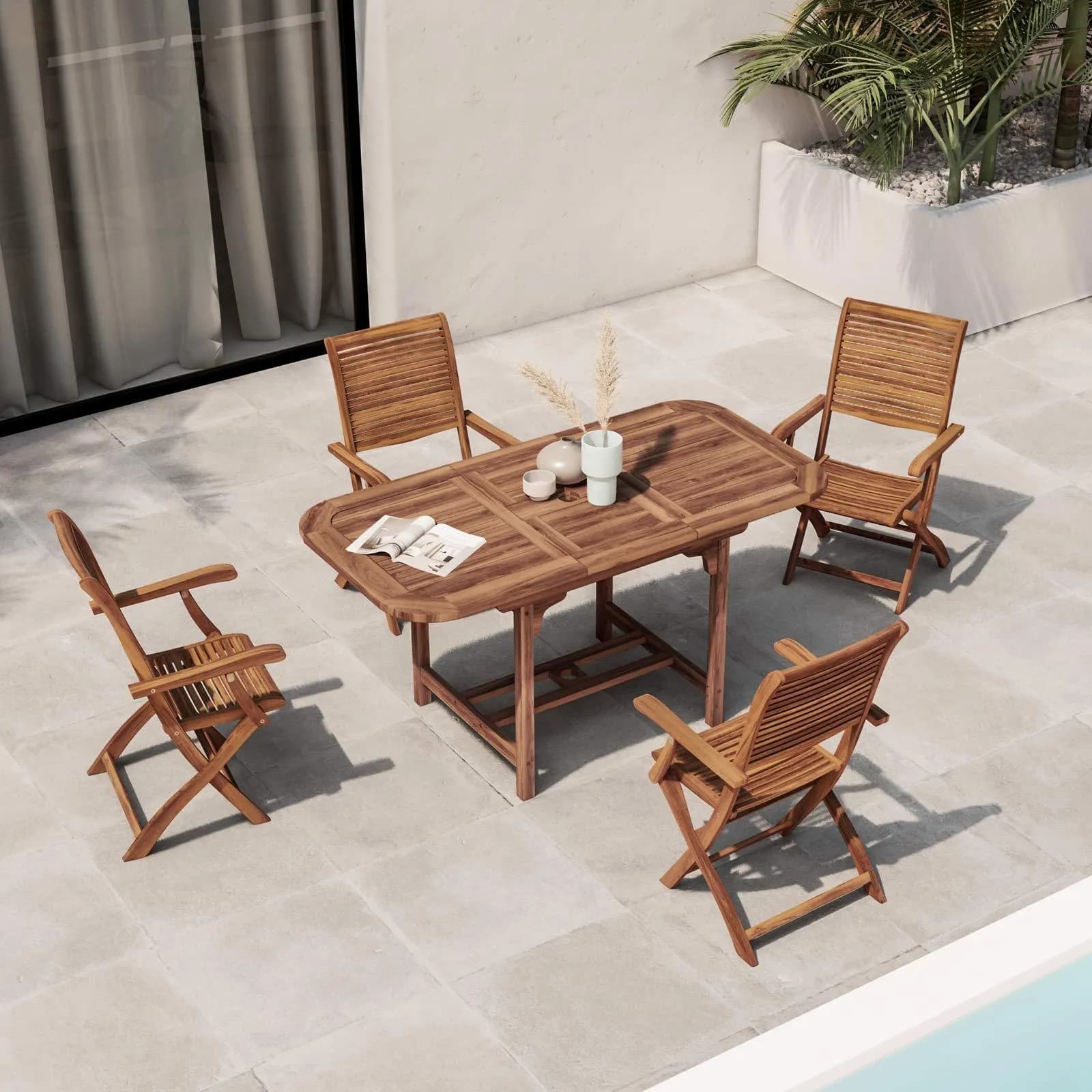 Set pranzo tavolo allungabile 120/160x80 e 4 sedie con braccioli in legno di acacia - Paja