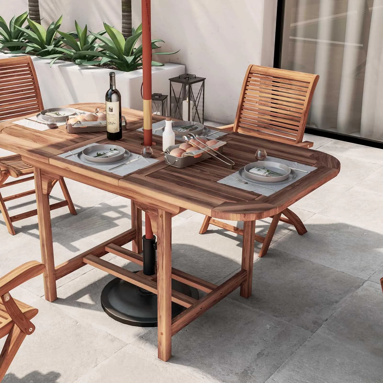 Set pranzo tavolo allungabile 120/160x80 e 4 sedie con braccioli in legno di acacia - Paja