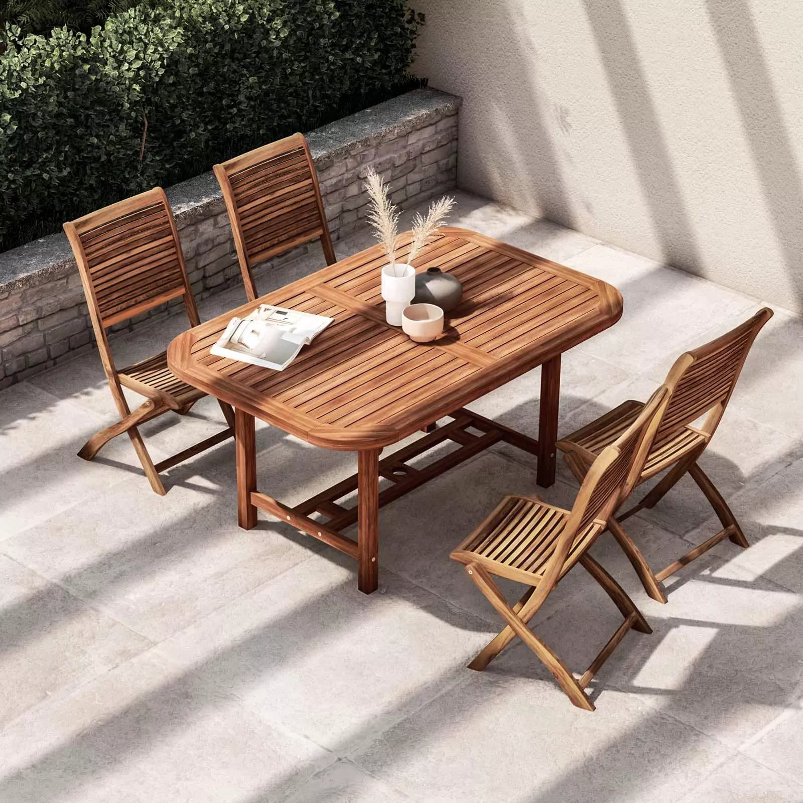 Set pranzo tavolo allungabile 150/200x100 cm e 4 sedie in legno di acacia – Paja