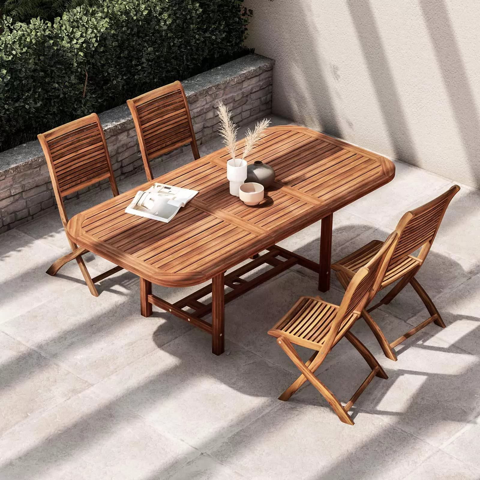 Set pranzo tavolo allungabile 150/200x100 cm e 4 sedie in legno di acacia – Paja