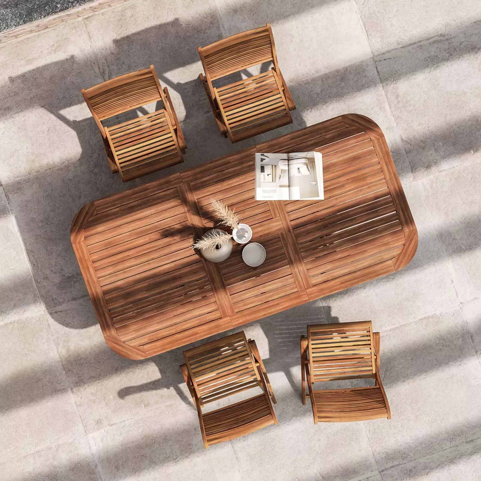 Set pranzo tavolo allungabile 150/200x100 cm e 4 sedie in legno di acacia – Paja