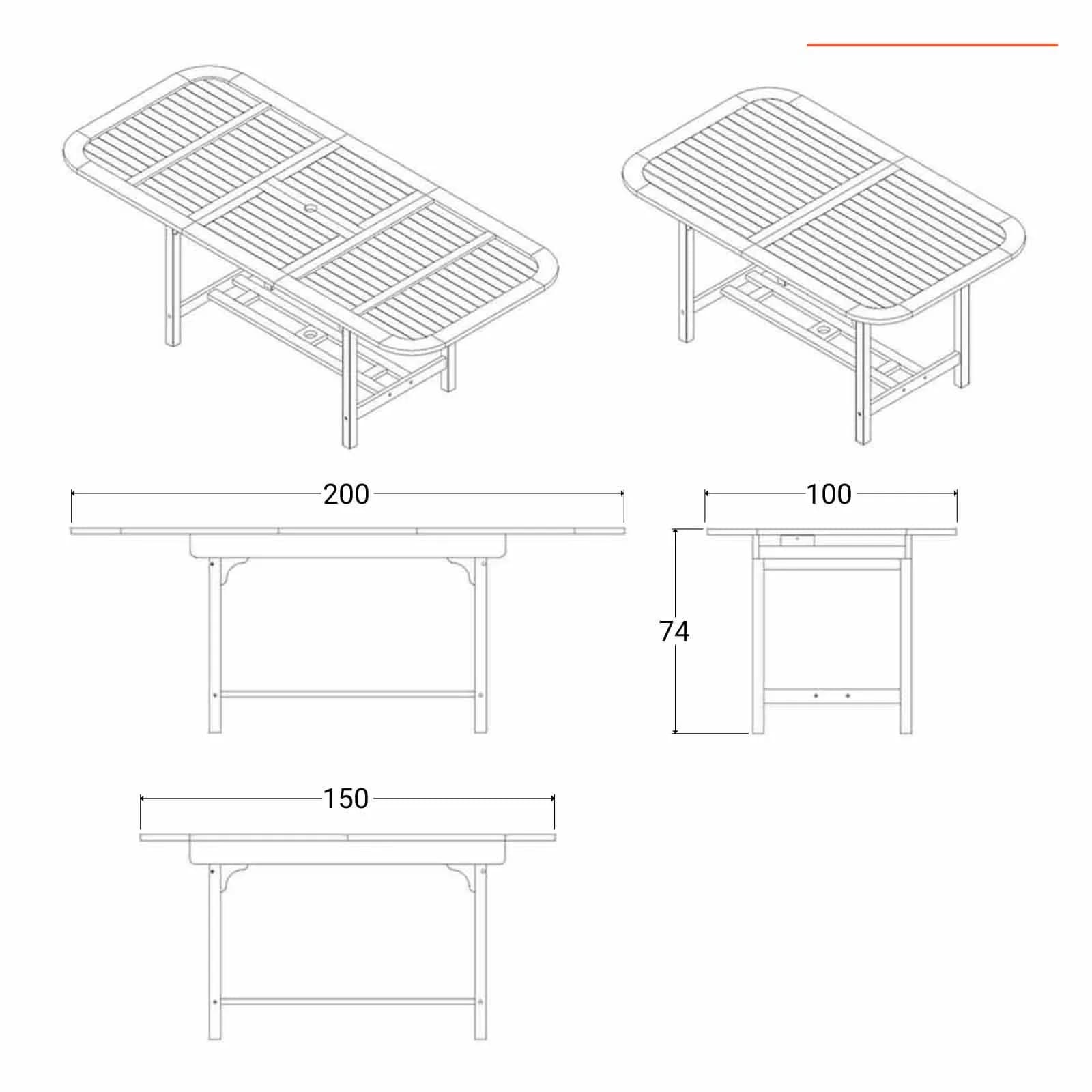 Set pranzo tavolo allungabile 150/200x100 cm e 4 sedie in legno di acacia – Paja