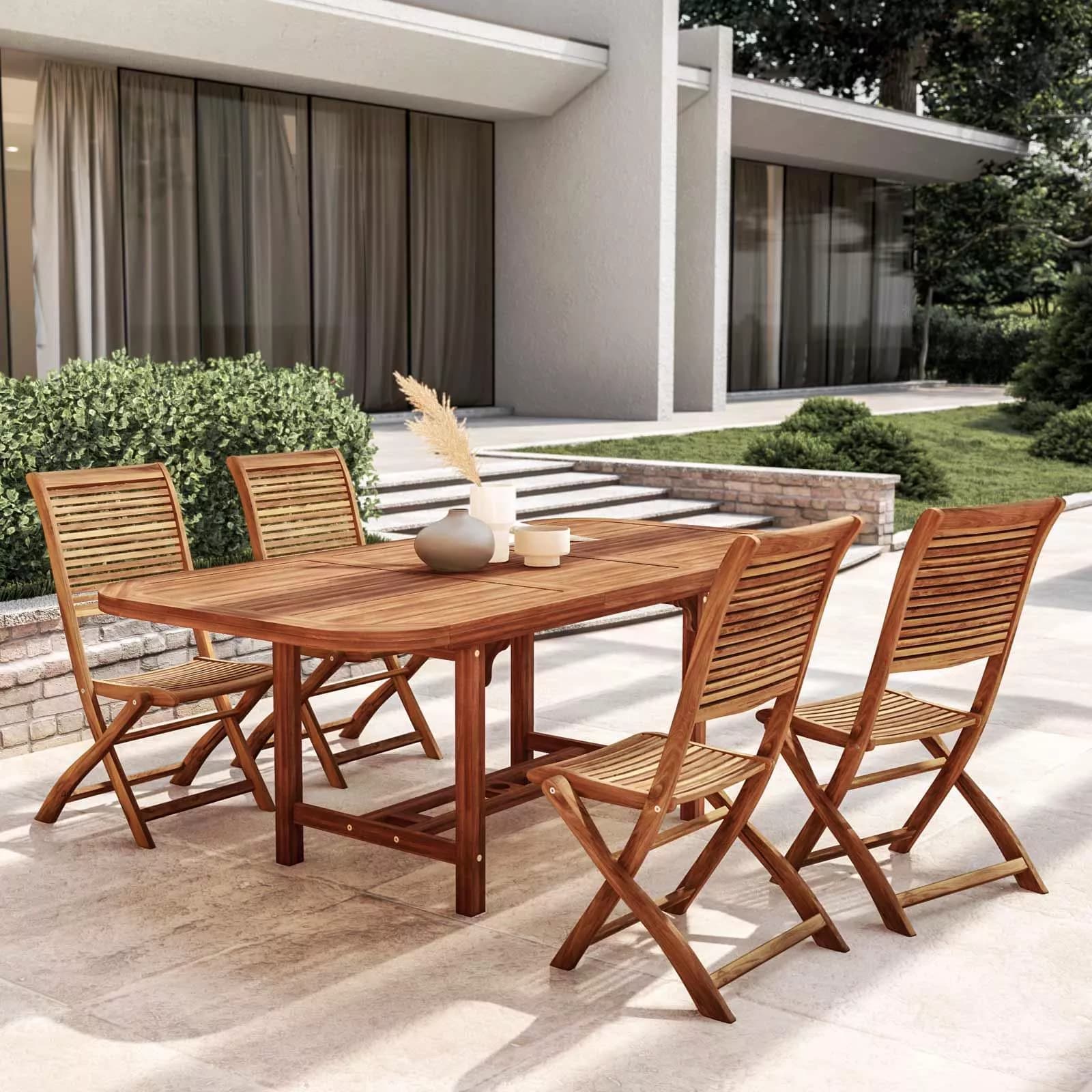 Set pranzo tavolo allungabile 150/200x100 cm e 4 sedie in legno di acacia – Paja