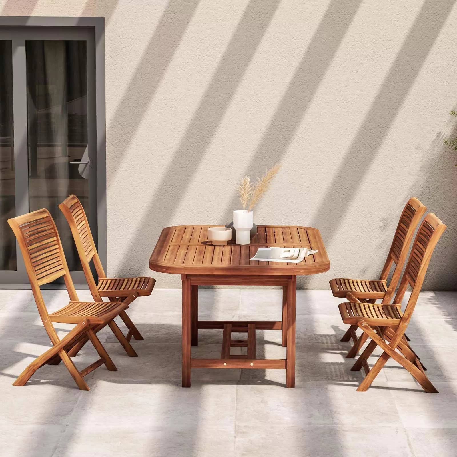 Set pranzo tavolo allungabile 150/200x100 cm e 4 sedie in legno di acacia – Paja
