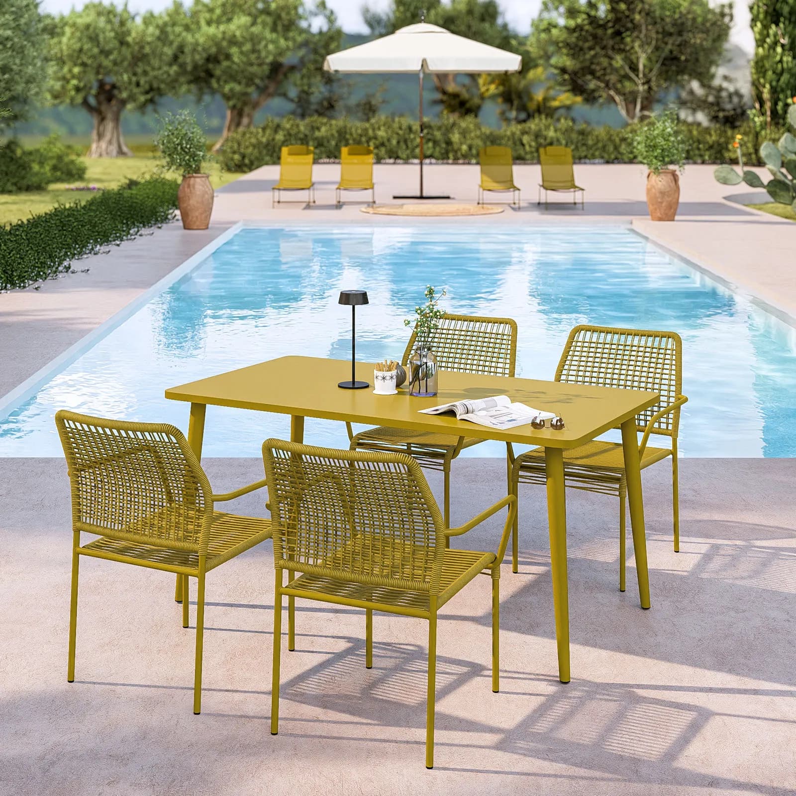 Set pranzo tavolo 150x80 cm e 4 sedie con braccioli in corda ocra - Levanto