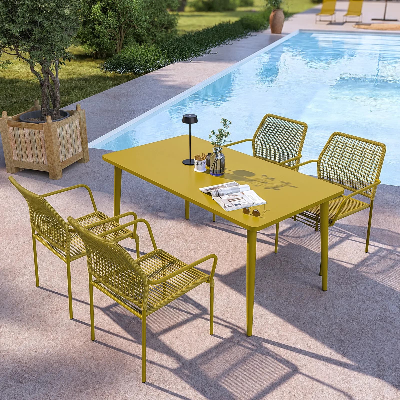 Set pranzo tavolo 150x80 cm e 4 sedie con braccioli in corda ocra - Levanto