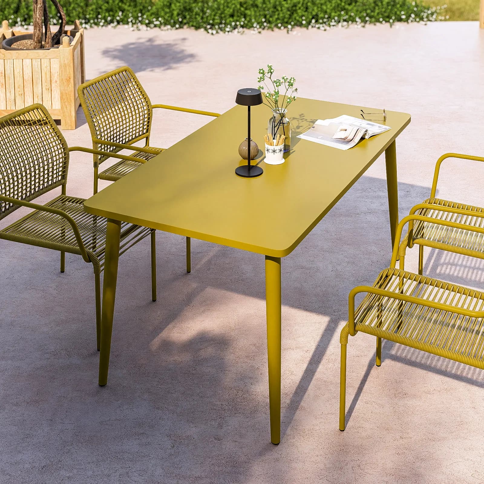 Set pranzo tavolo 150x80 cm e 4 sedie con braccioli in corda ocra - Levanto