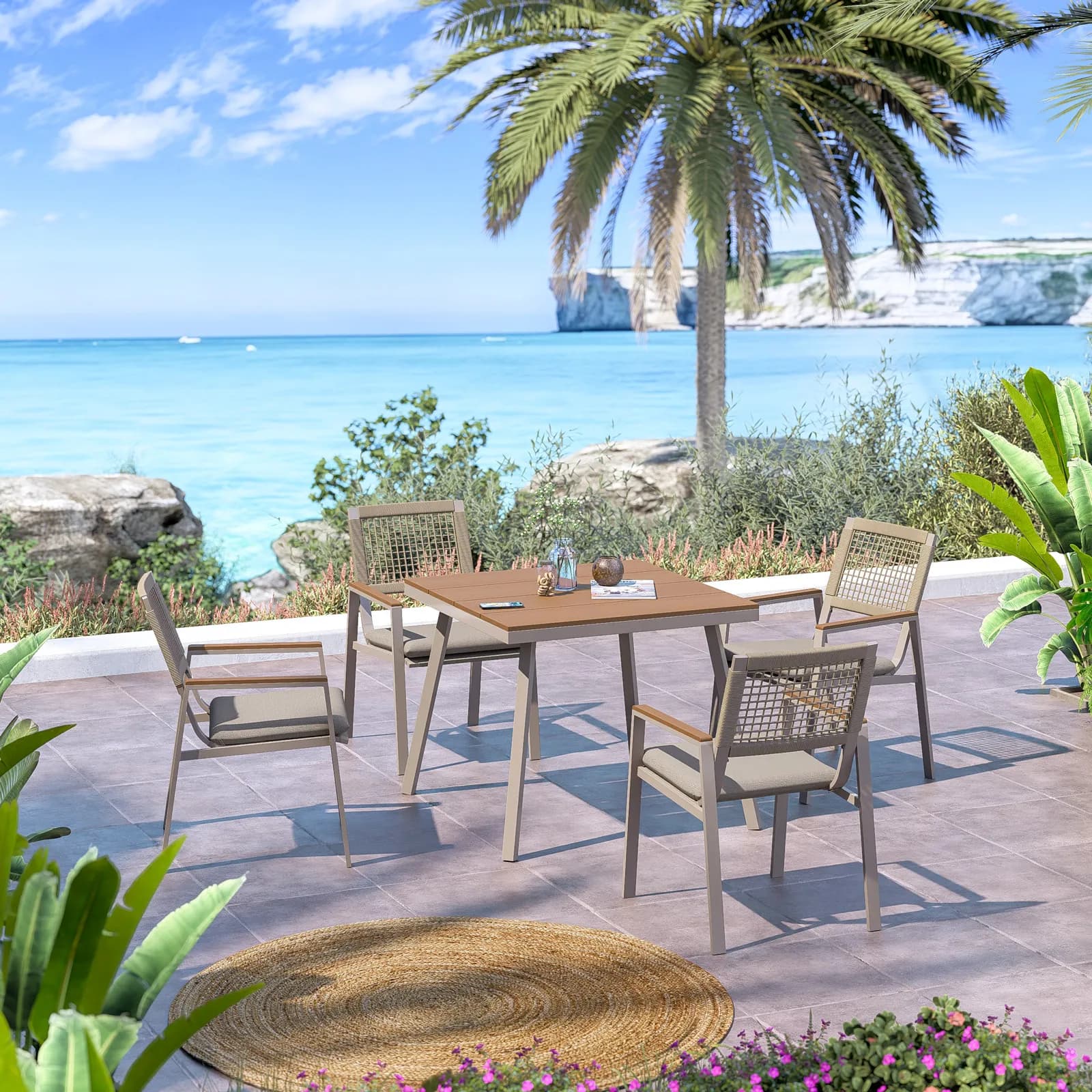 Set pranzo tavolo 90x90 cm e 4 sedie in metallo e corda tortora - Ibisco