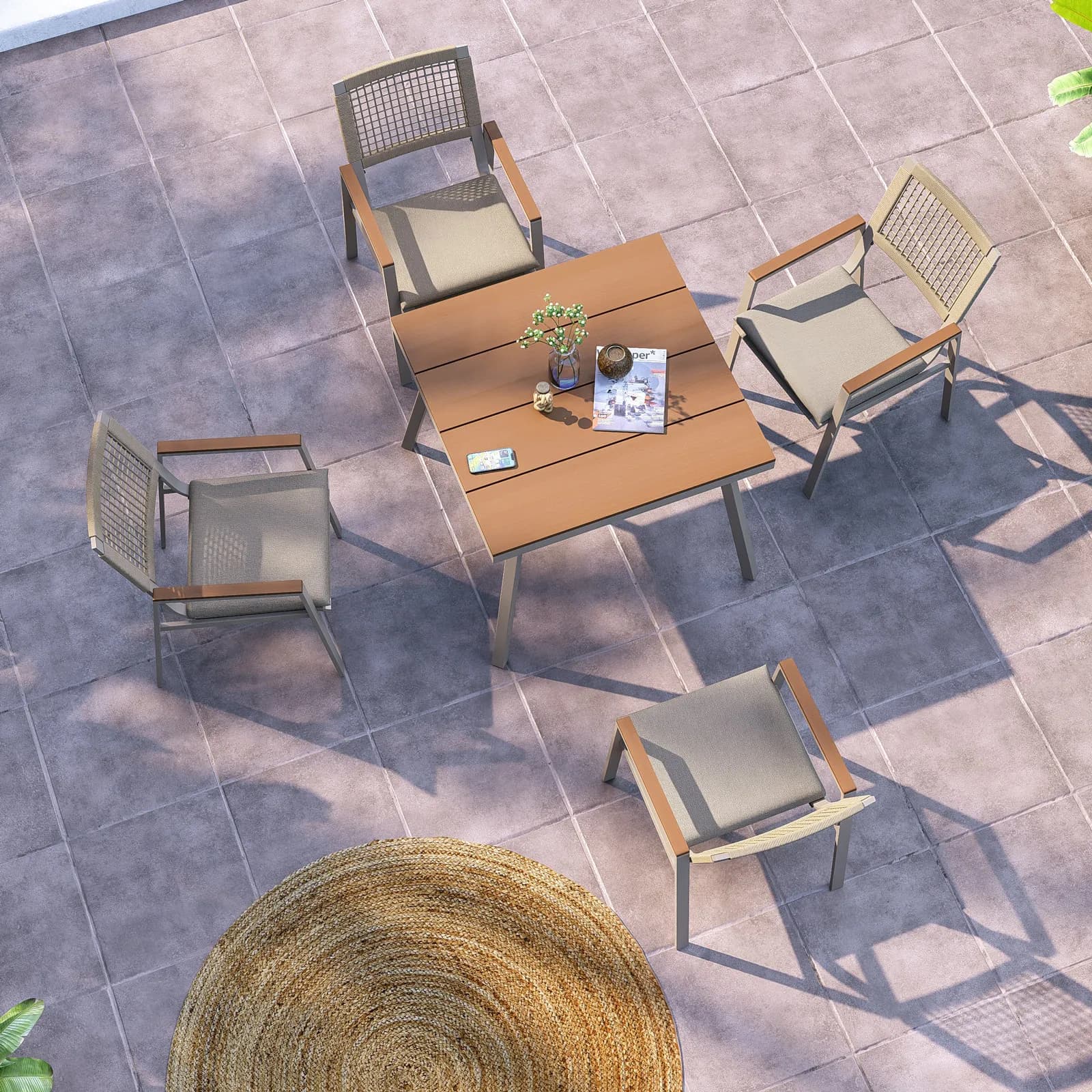 Set pranzo tavolo 90x90 cm e 4 sedie in metallo e corda tortora - Ibisco