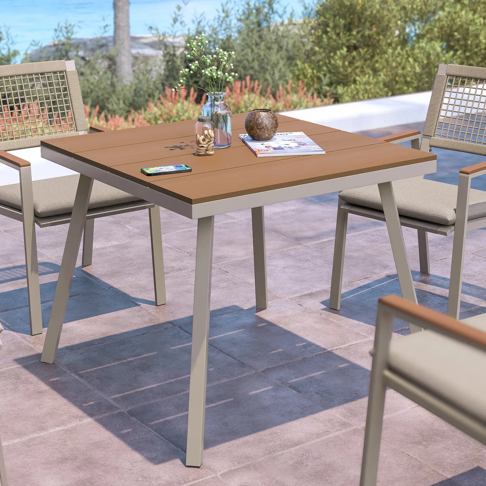 Set pranzo tavolo 90x90 cm e 4 sedie in metallo e corda tortora - Ibisco