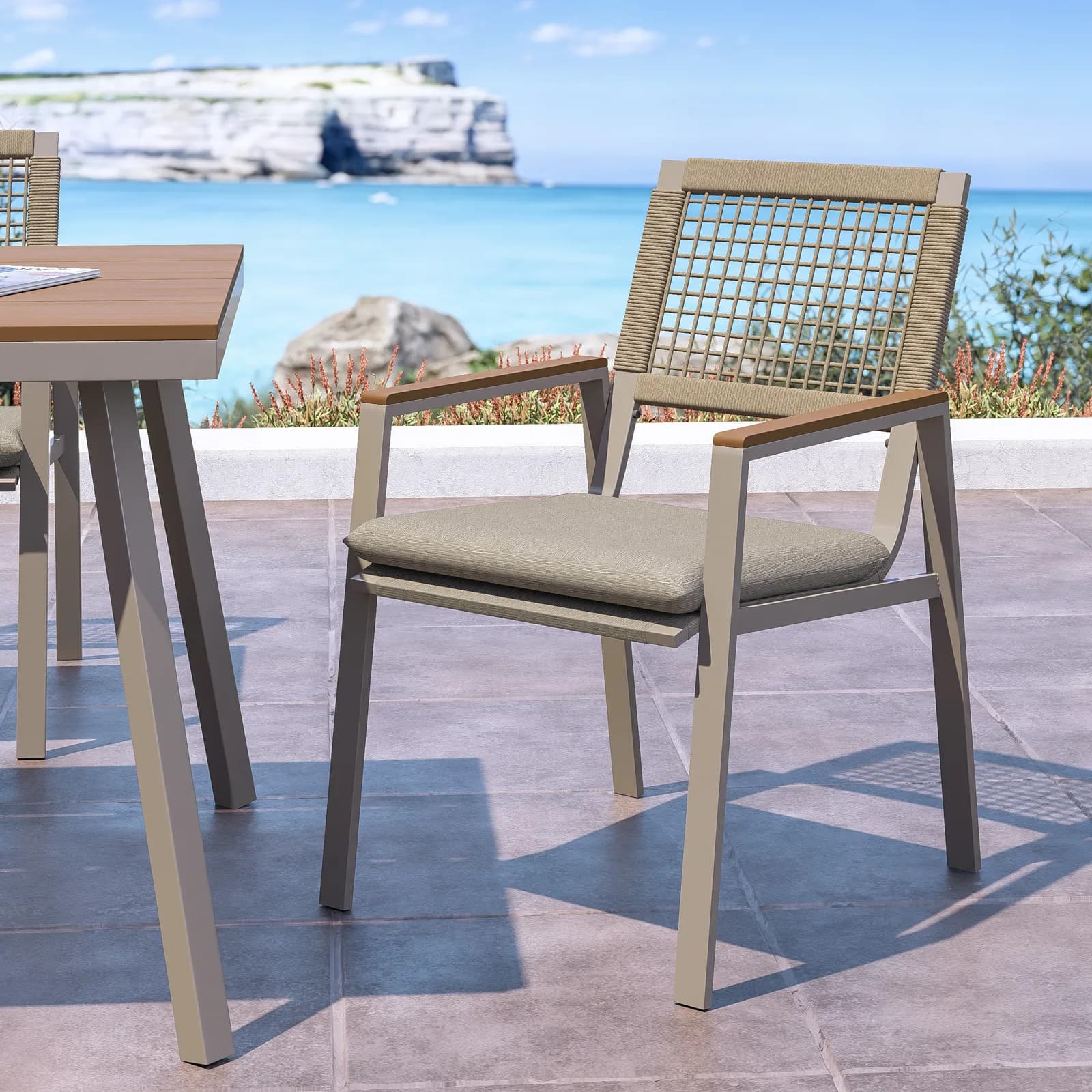 Set pranzo tavolo 90x90 cm e 4 sedie in metallo e corda tortora - Ibisco