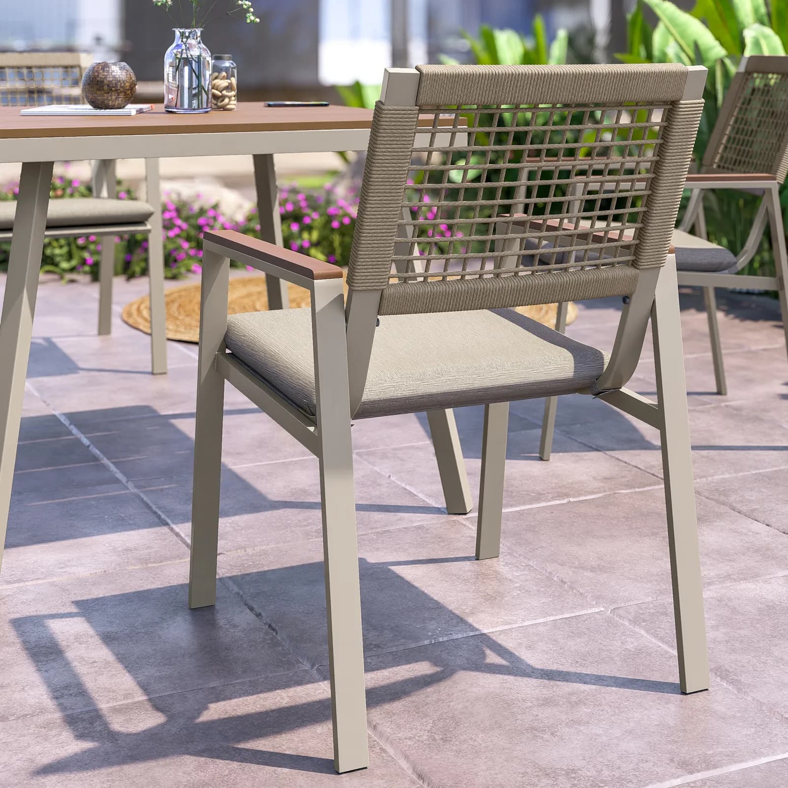 Set pranzo tavolo 90x90 cm e 4 sedie in metallo e corda tortora - Ibisco