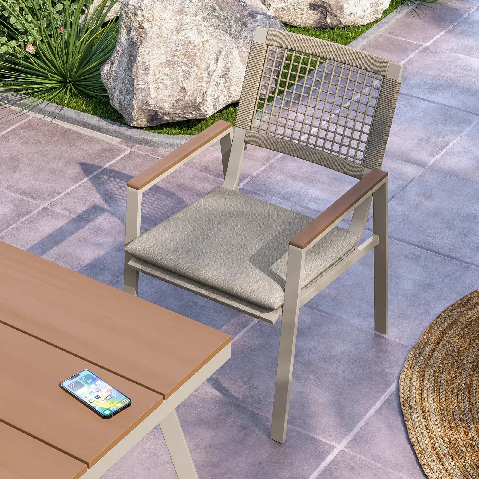 Set pranzo tavolo 90x90 cm e 4 sedie in metallo e corda tortora - Ibisco