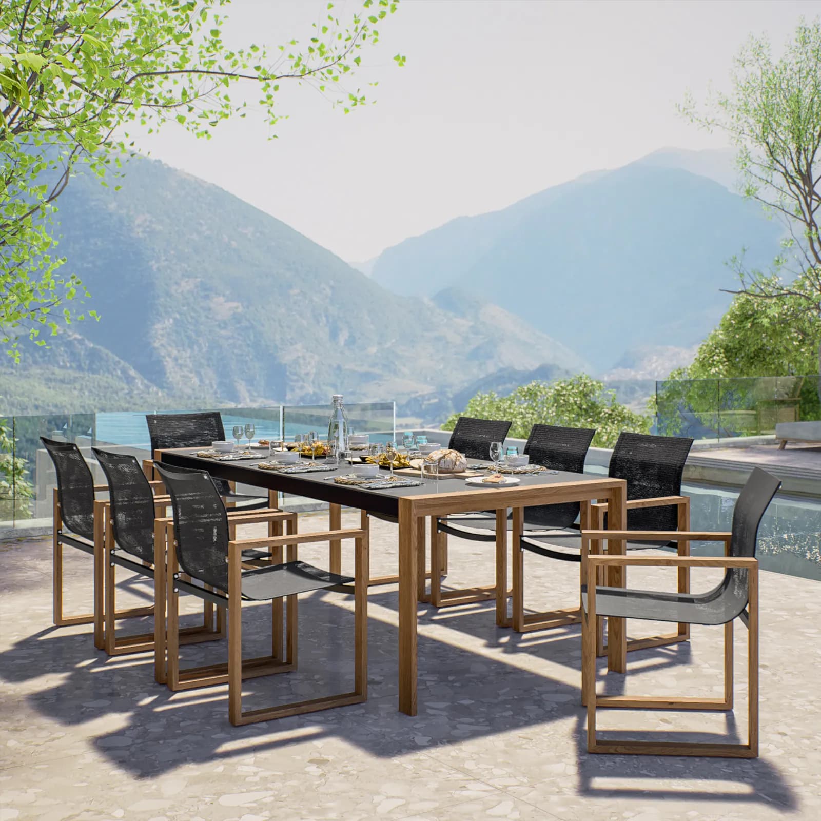 Set pranzo tavolo con top in vetro 220x100 cm e 8 sedie con braccioli in alluminio grigio effetto legno - Ohen