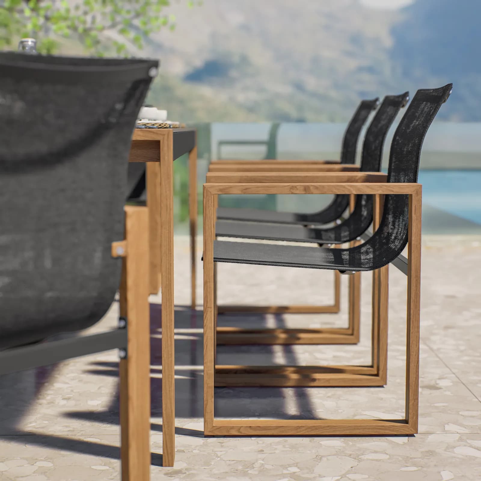 Set pranzo tavolo con top in vetro 220x100 cm e 8 sedie con braccioli in alluminio grigio effetto legno - Ohen