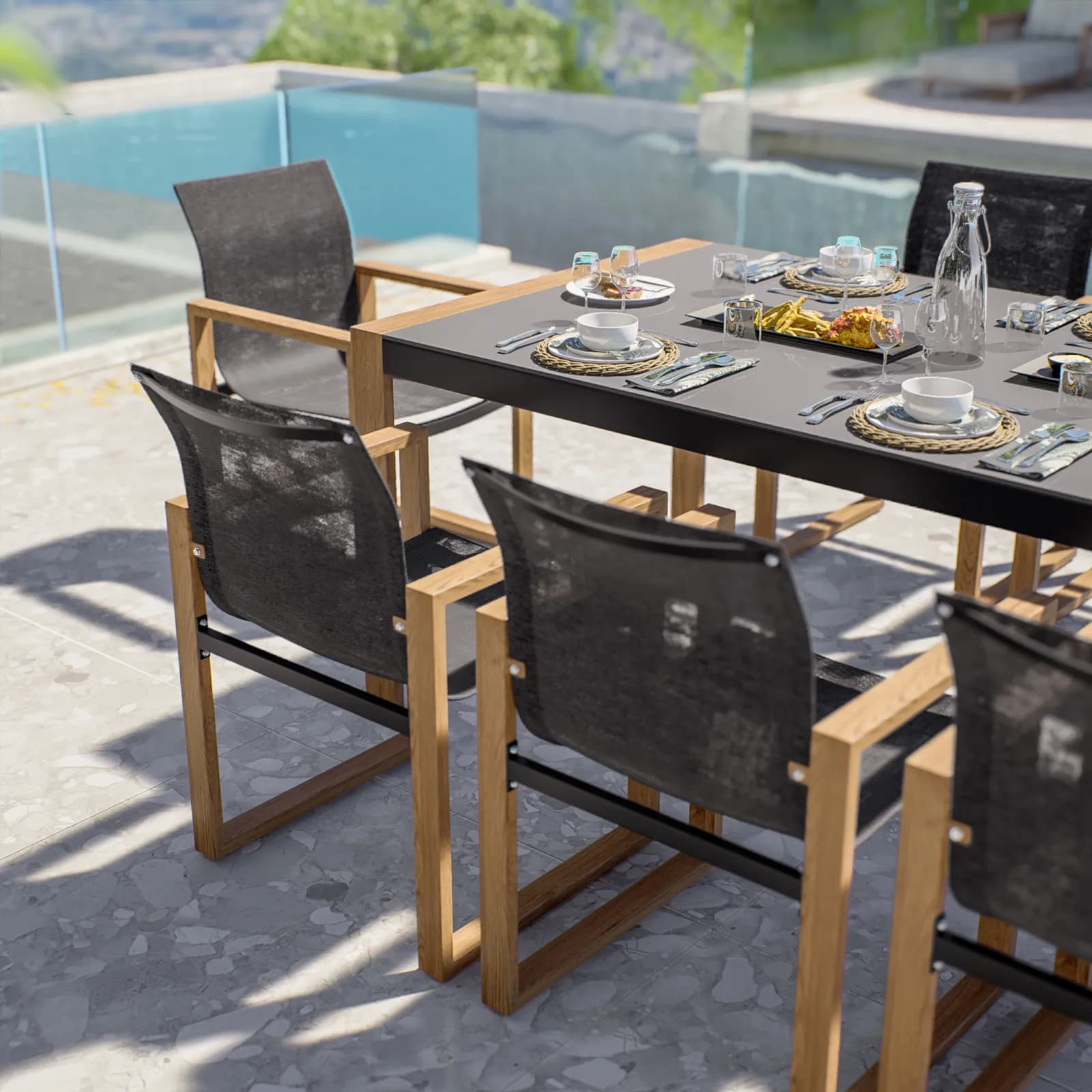 Set pranzo tavolo con top in vetro 220x100 cm e 8 sedie con braccioli in alluminio grigio effetto legno - Ohen