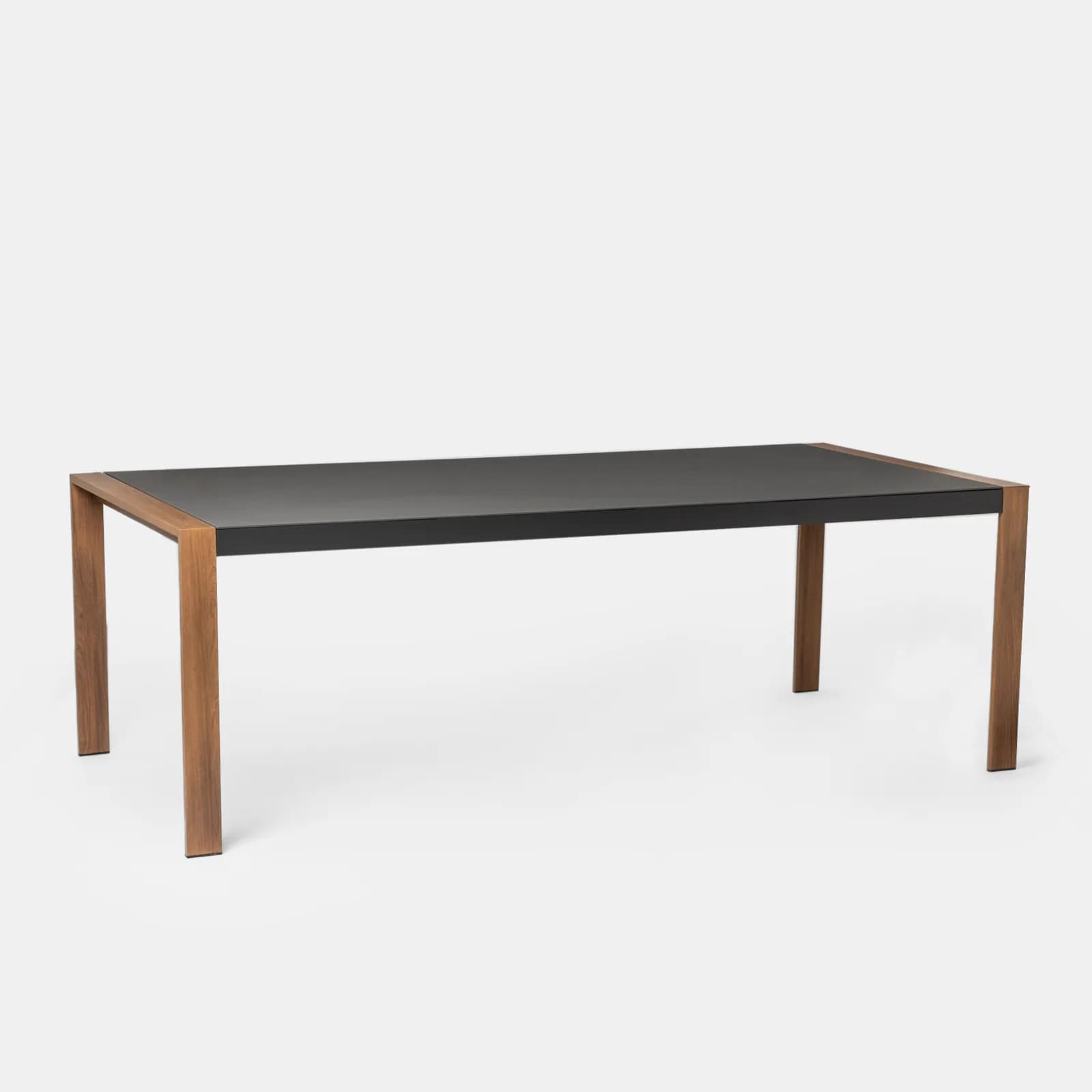 Set pranzo tavolo con top in vetro 220x100 cm e 8 sedie con braccioli in alluminio grigio effetto legno - Ohen