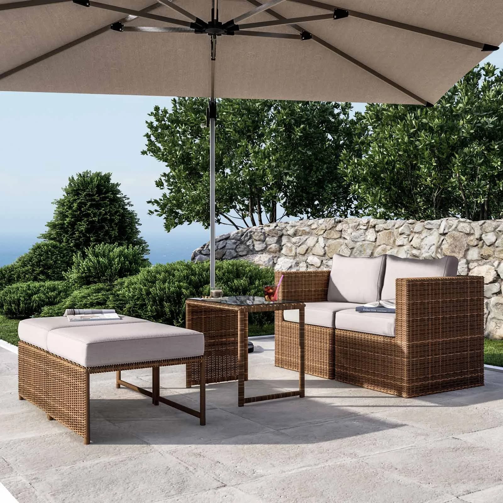 Set relax da giardino modulare con 2 divani 2 pouf e tavolino in polyrattan naturale - Tobago