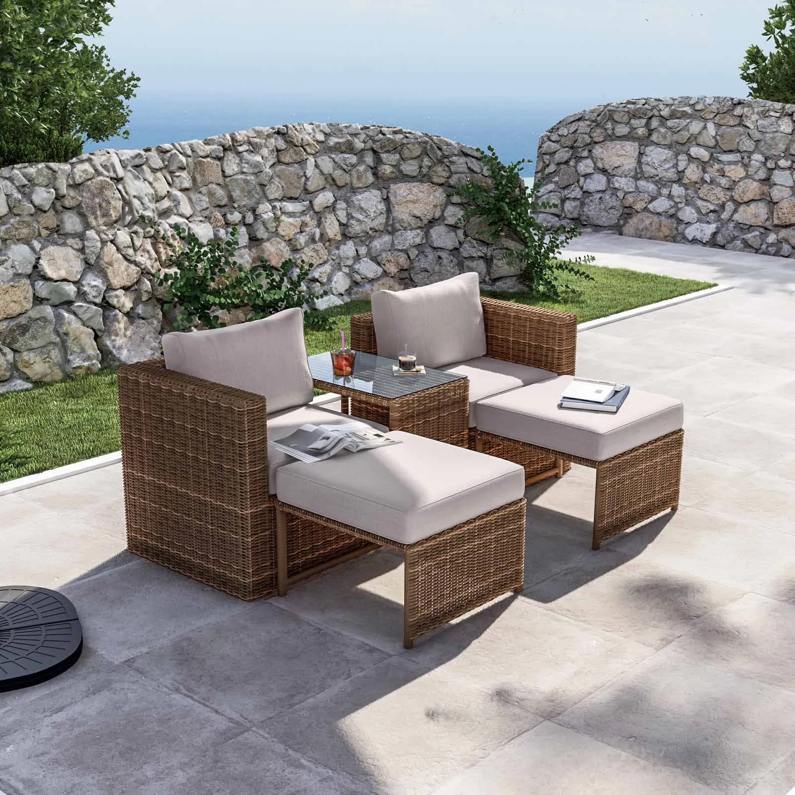 Set relax da giardino modulare con 2 divani 2 pouf e tavolino in polyrattan naturale - Tobago