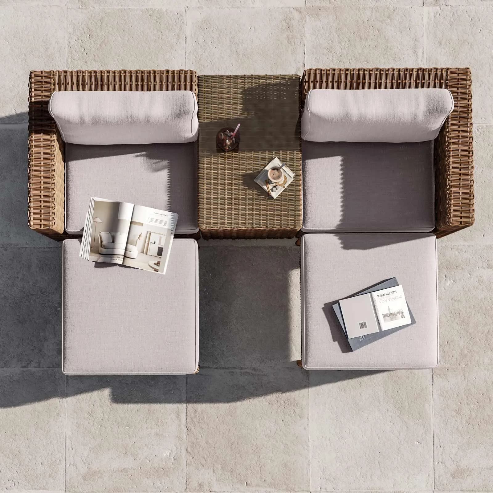 Set relax da giardino modulare con 2 divani 2 pouf e tavolino in polyrattan naturale - Tobago