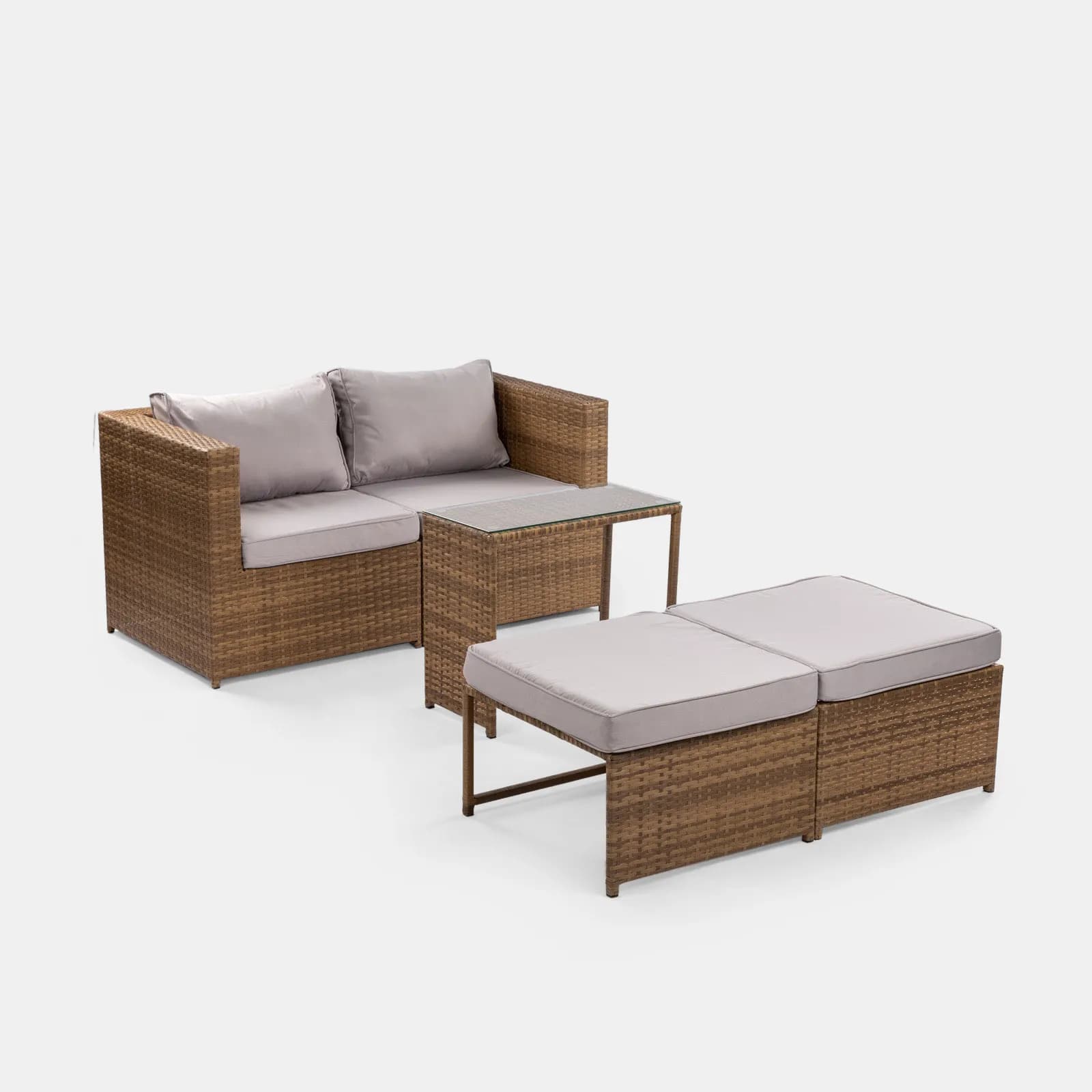 Set relax da giardino modulare con 2 divani 2 pouf e tavolino in polyrattan naturale - Tobago