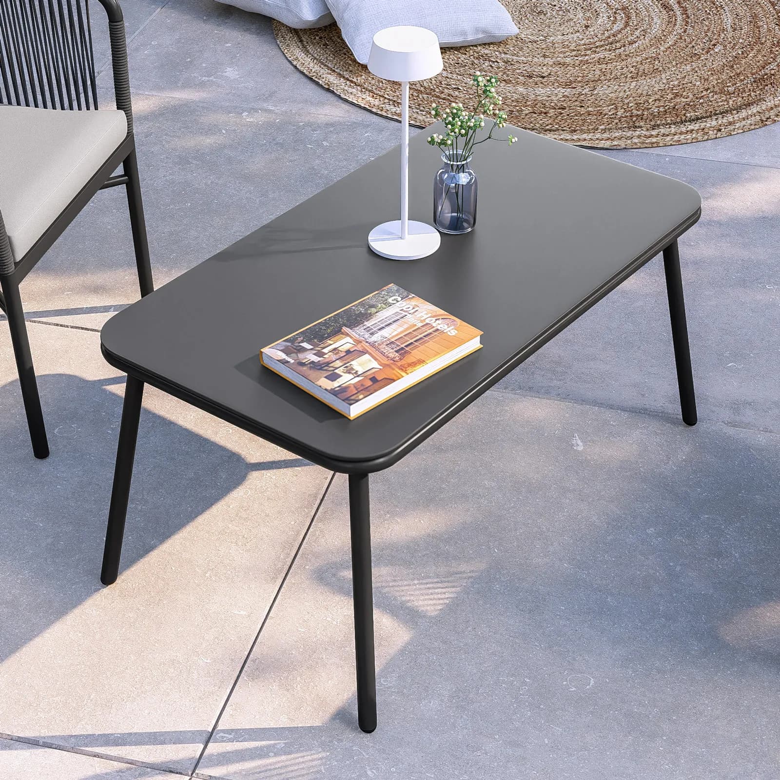 Set relax 2 posti con tavolino 90x50 cm in alluminio e corda antracite - Zelegant