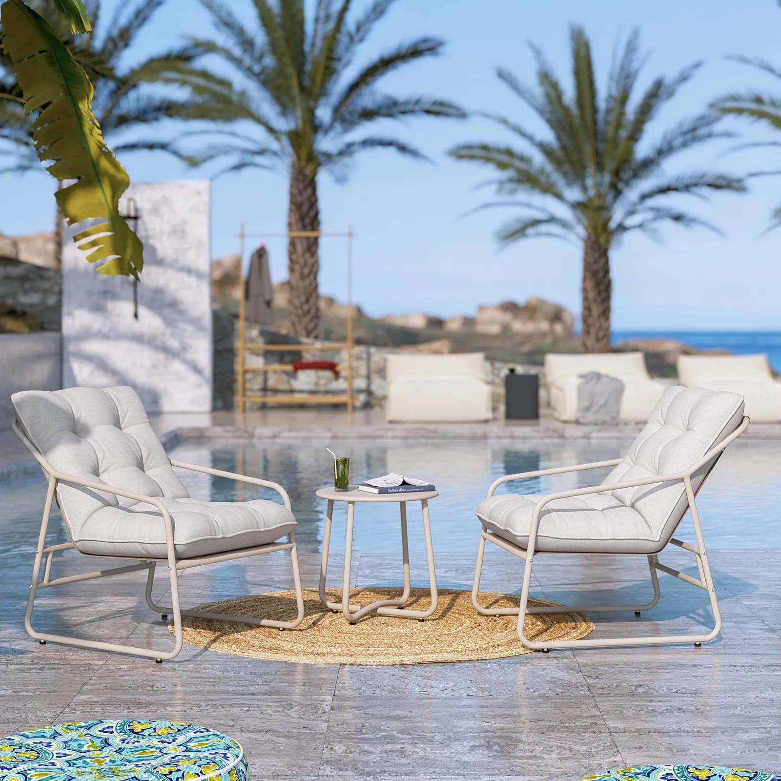 Set relax 2 posti in acciaio tortora con cuscini trapuntati beige - Strange