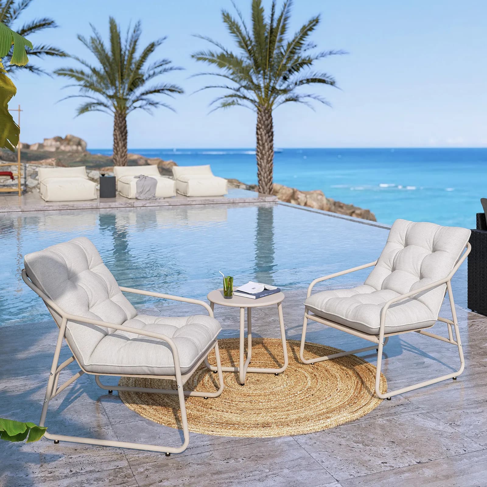 Set relax 2 posti in acciaio tortora con cuscini trapuntati beige - Strange
