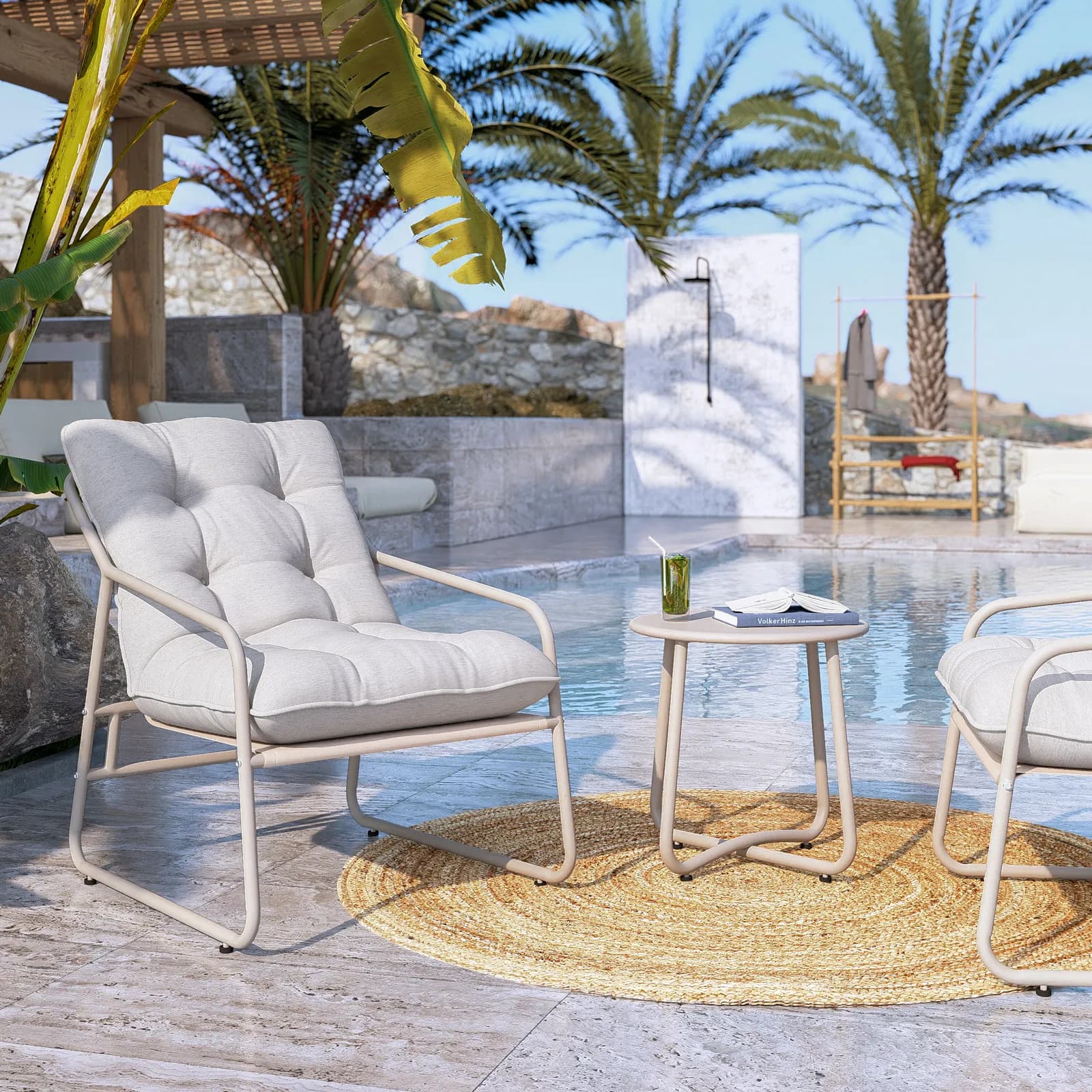 Set relax 2 posti in acciaio tortora con cuscini trapuntati beige - Strange
