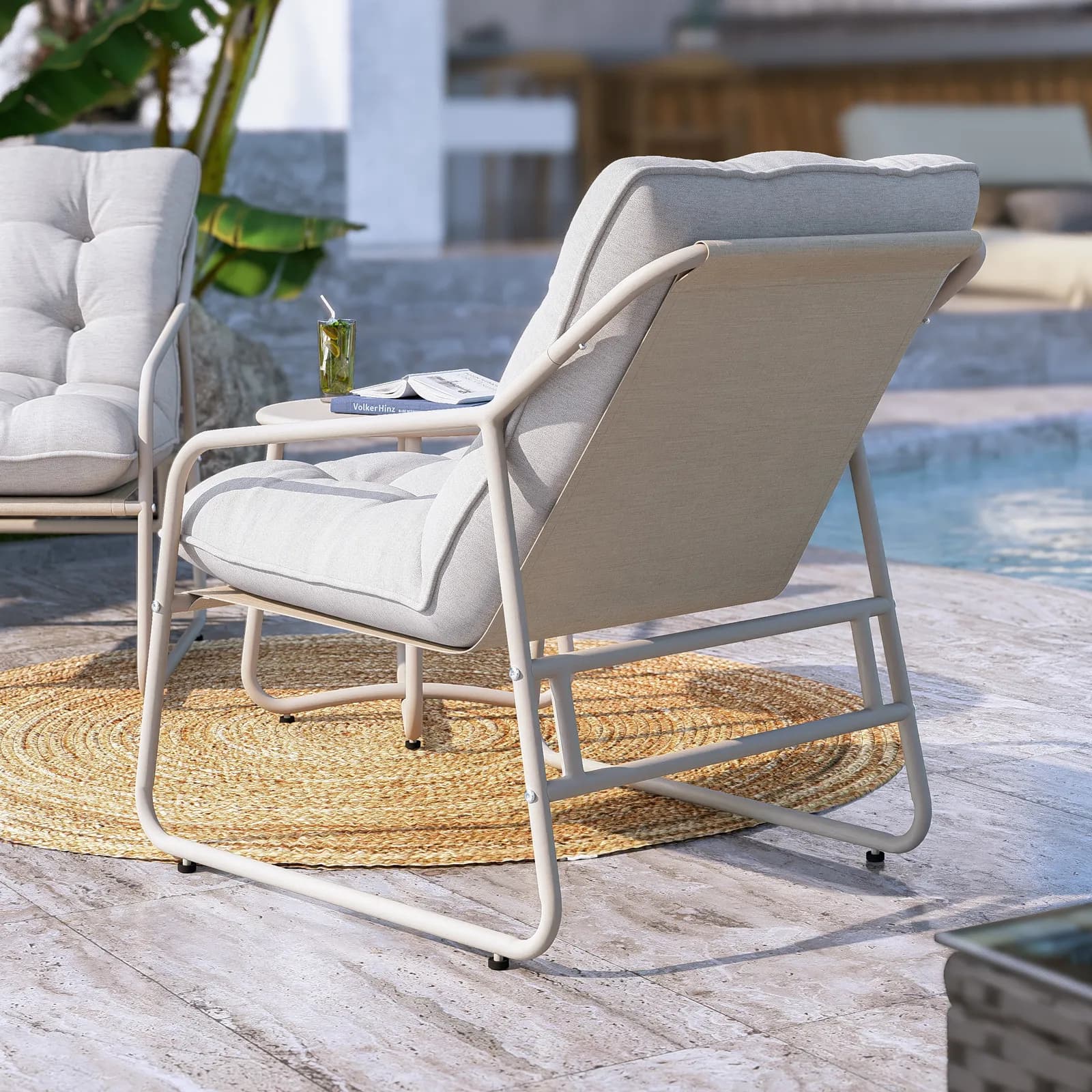 Set relax 2 posti in acciaio tortora con cuscini trapuntati beige - Strange