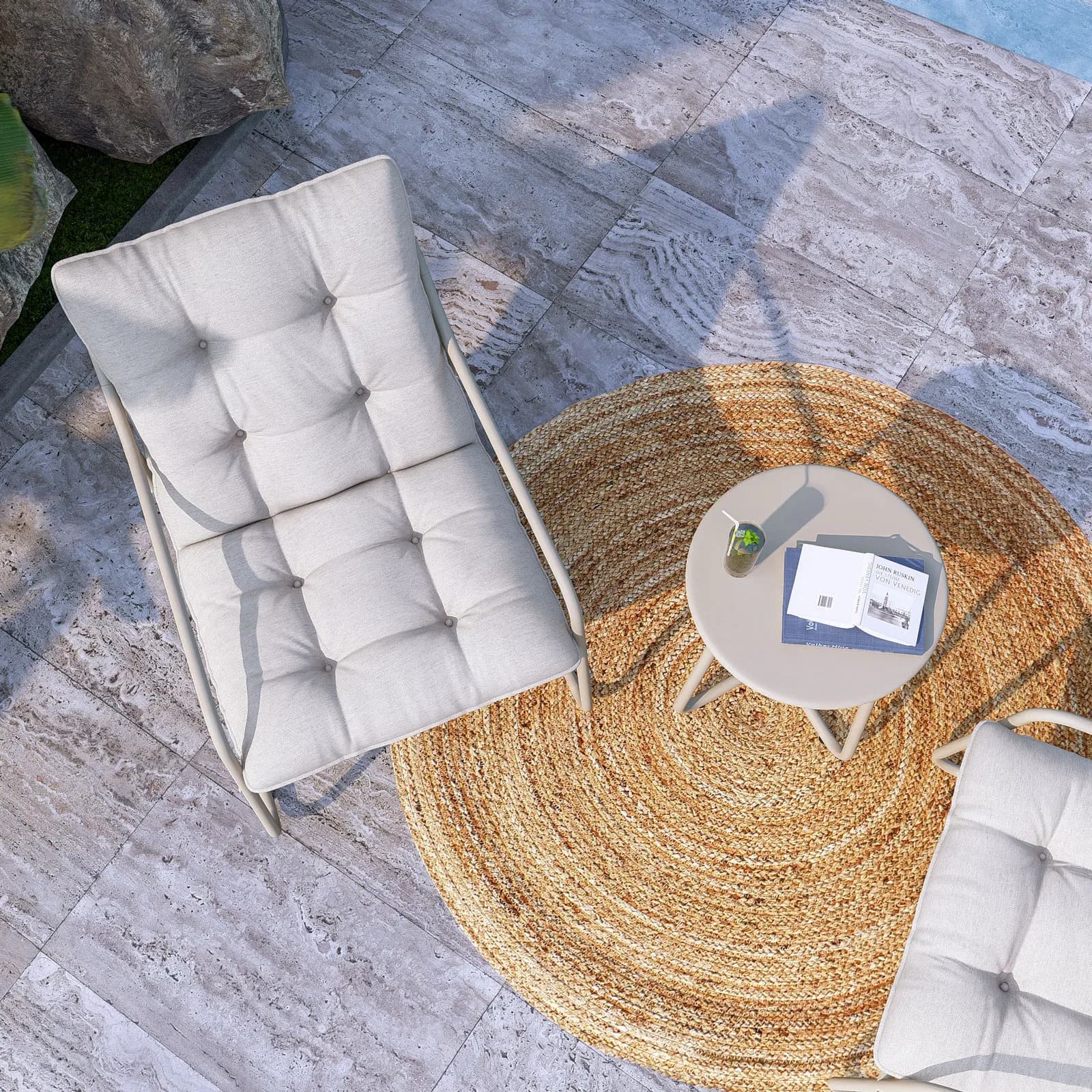 Set relax 2 posti in acciaio tortora con cuscini trapuntati beige - Strange