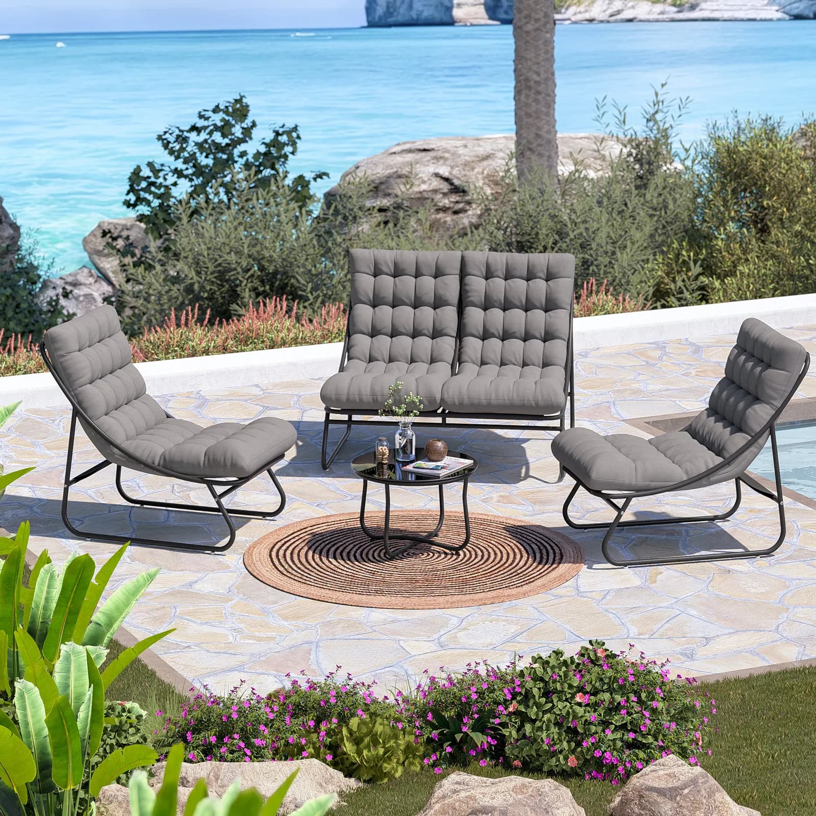 Set relax 4 posti in acciaio antracite con cuscino trapuntato grigio scuro - Santacruz