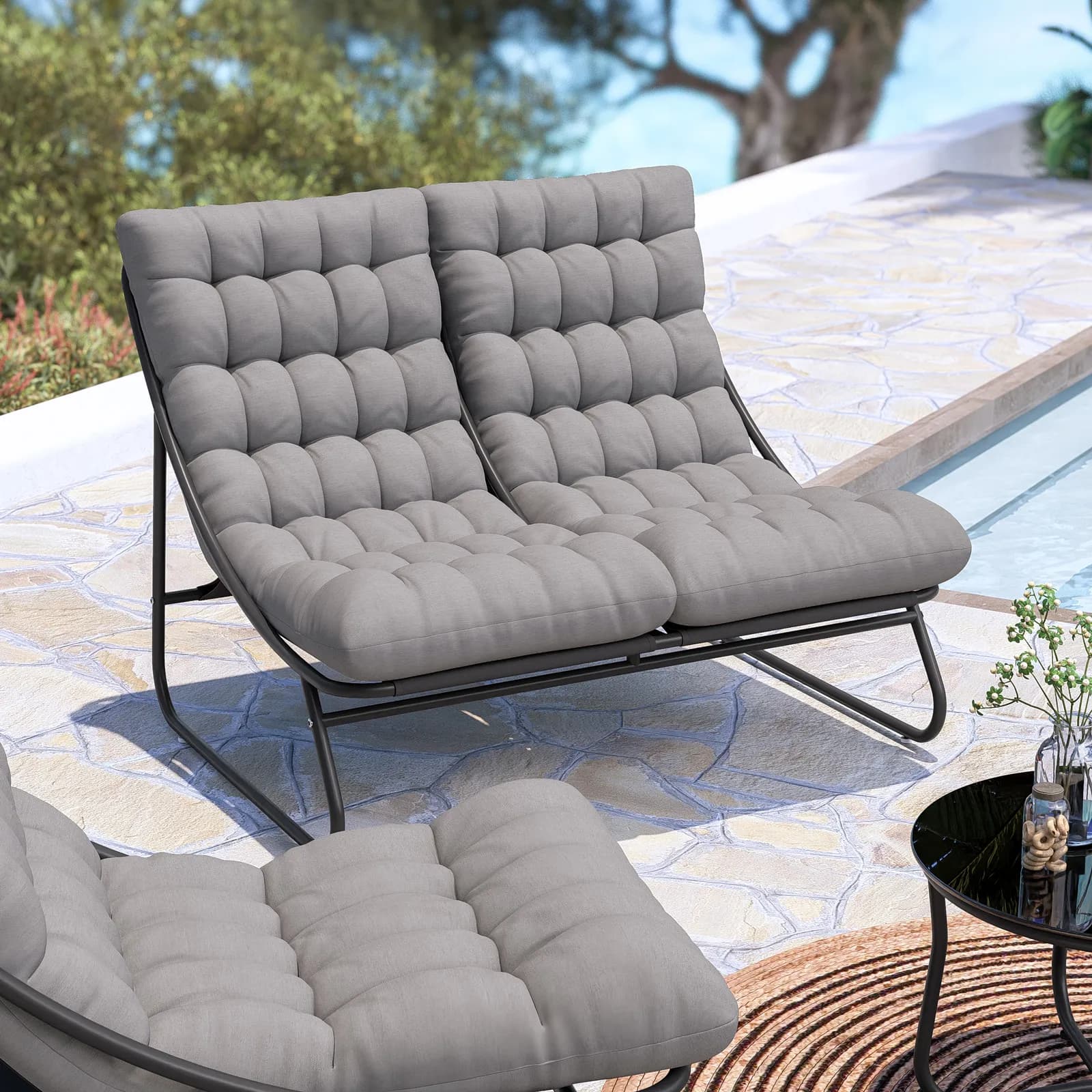 Set relax 4 posti in acciaio antracite con cuscino trapuntato grigio scuro - Santacruz