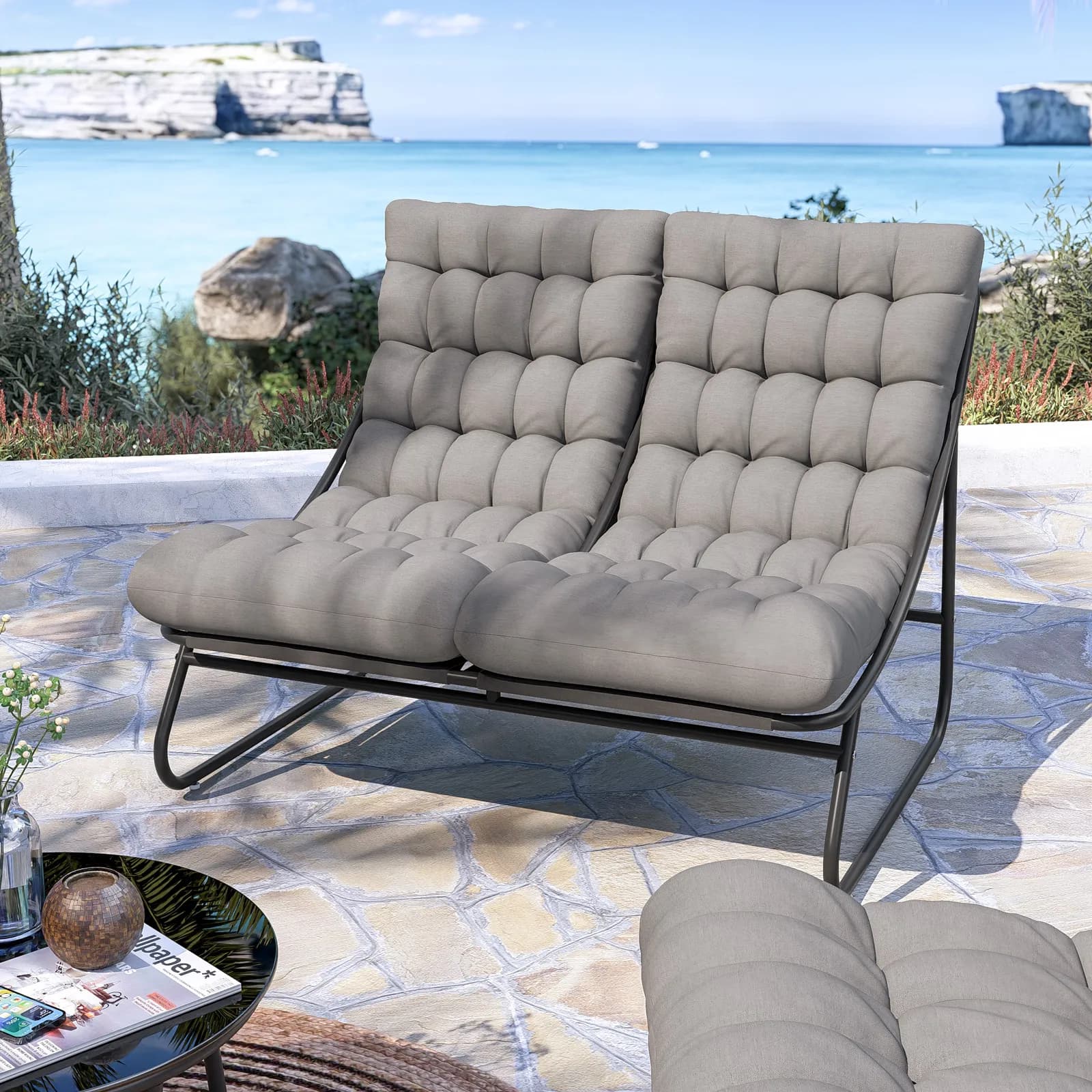 Set relax 4 posti in acciaio antracite con cuscino trapuntato grigio scuro - Santacruz