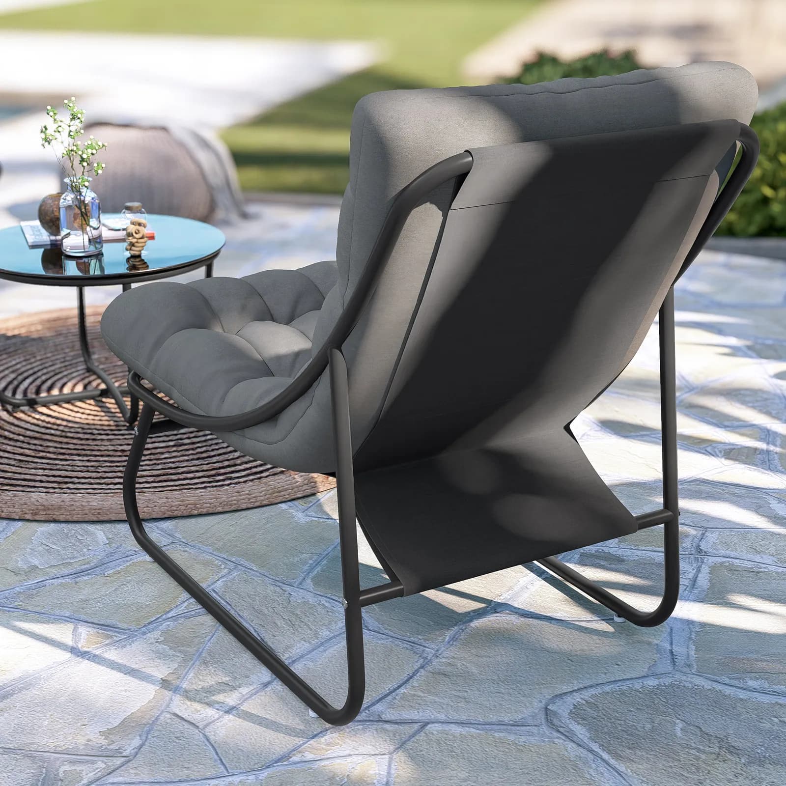 Set relax 4 posti in acciaio antracite con cuscino trapuntato grigio scuro - Santacruz